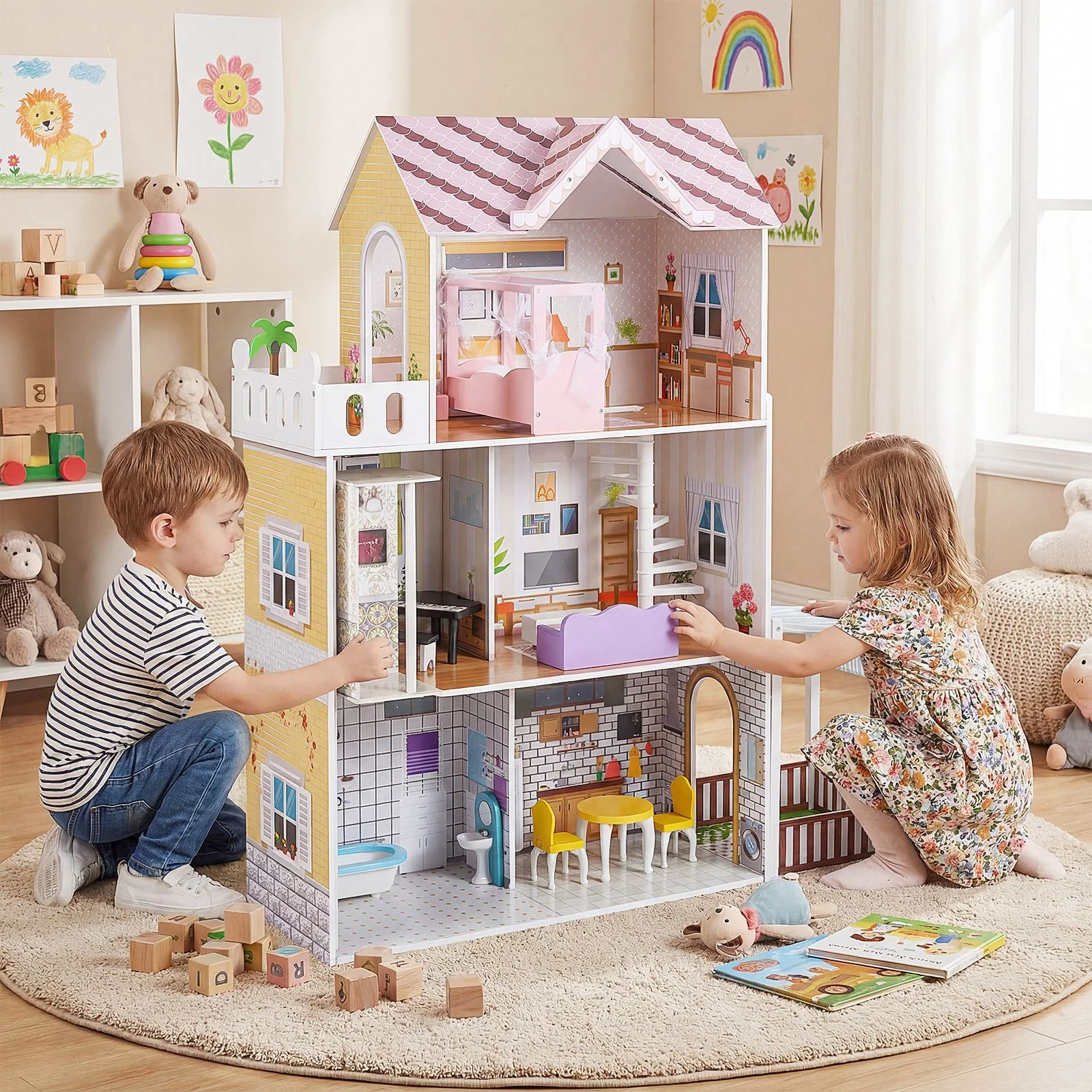 Wooden Dollhouse with 16 Furniture Accessories and Balcony - Image 4