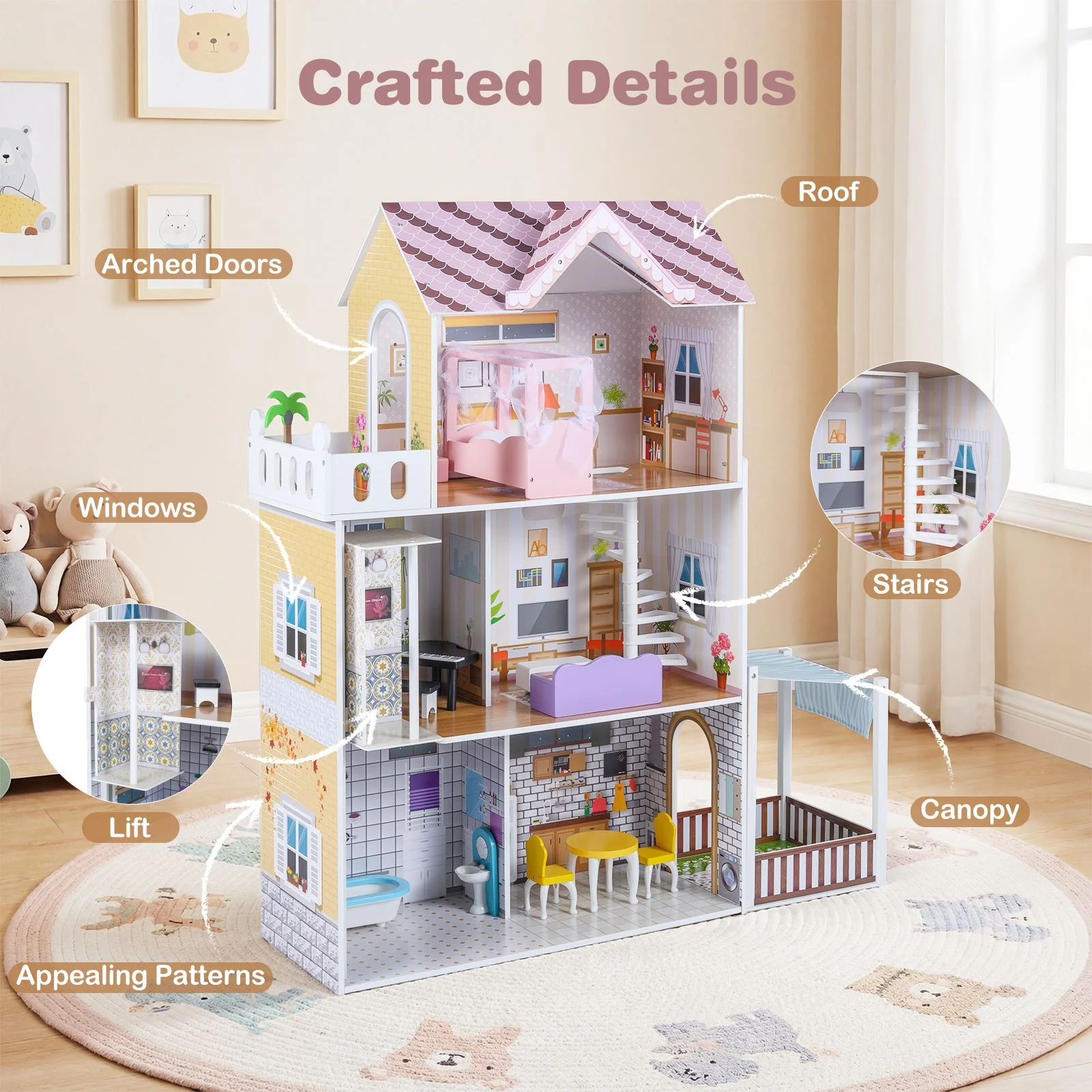 Wooden Dollhouse with 16 Furniture Accessories and Balcony - Image 5