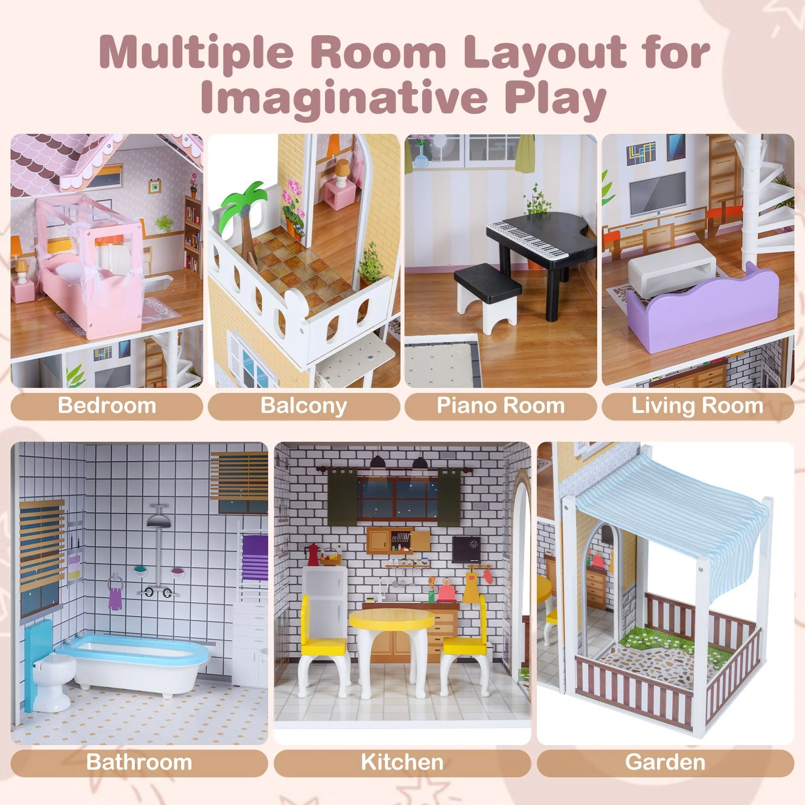 Wooden Dollhouse with 16 Furniture Accessories and Balcony - Image 6