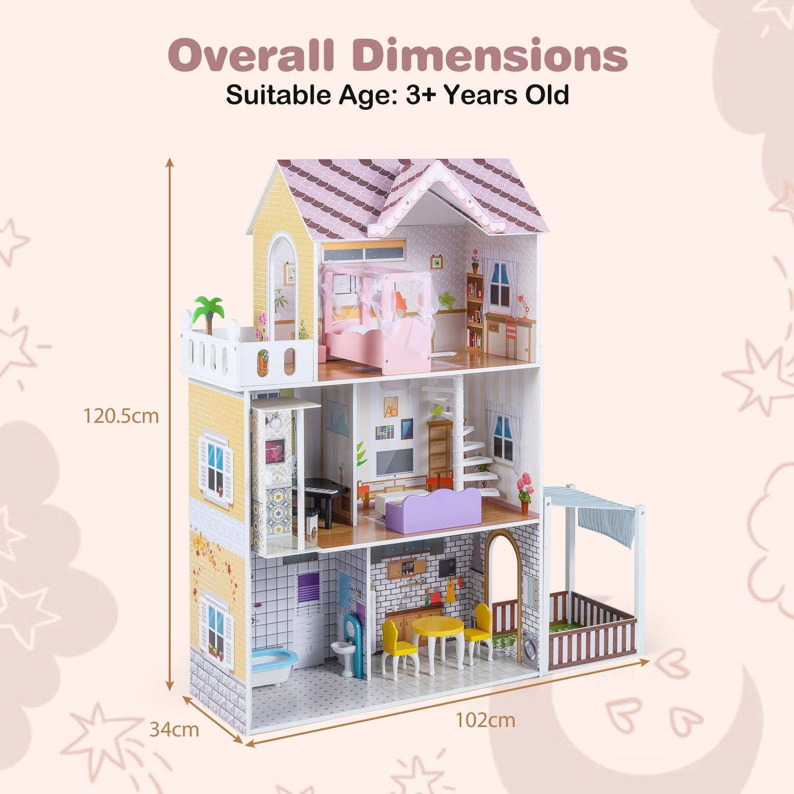 Wooden Dollhouse with 16 Furniture Accessories and Balcony - Image 7