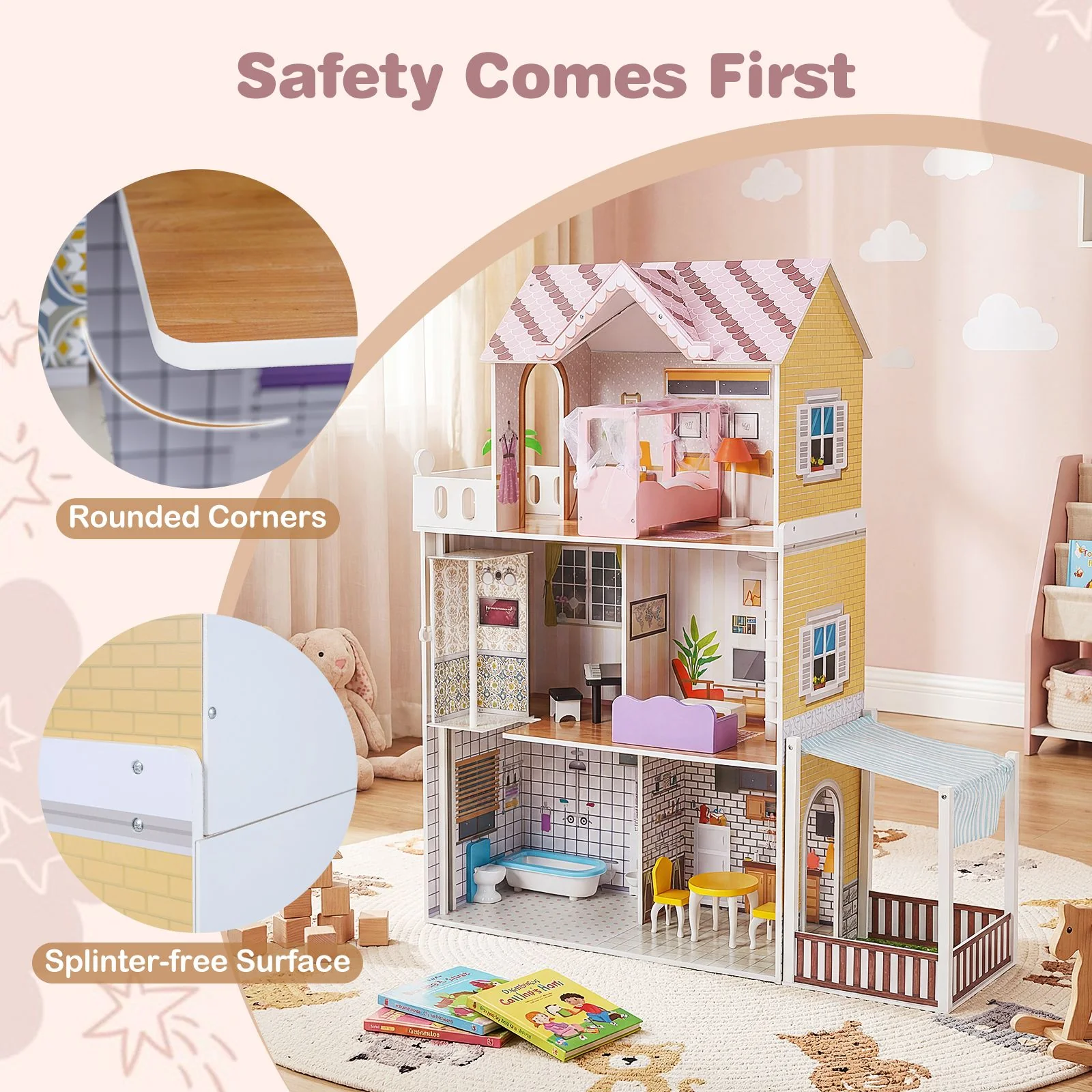 Wooden Dollhouse with 16 Furniture Accessories and Balcony - Image 8