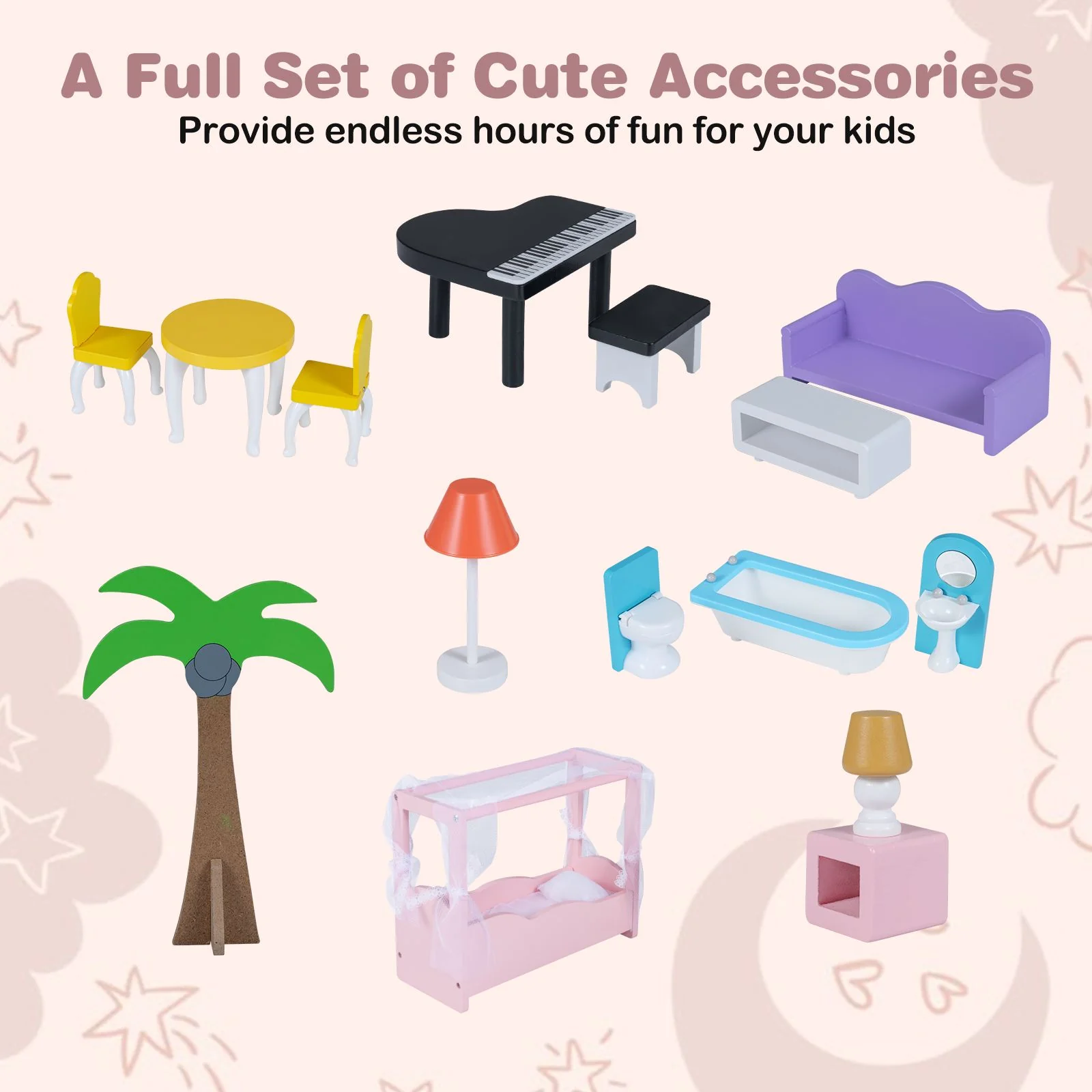 Wooden Dollhouse with 16 Furniture Accessories and Balcony - Image 9