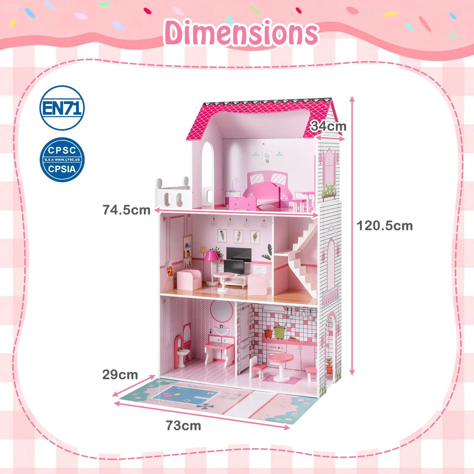 Wooden Dollhouse with 17-Piece Furniture and Staircase Accessories - Image 3