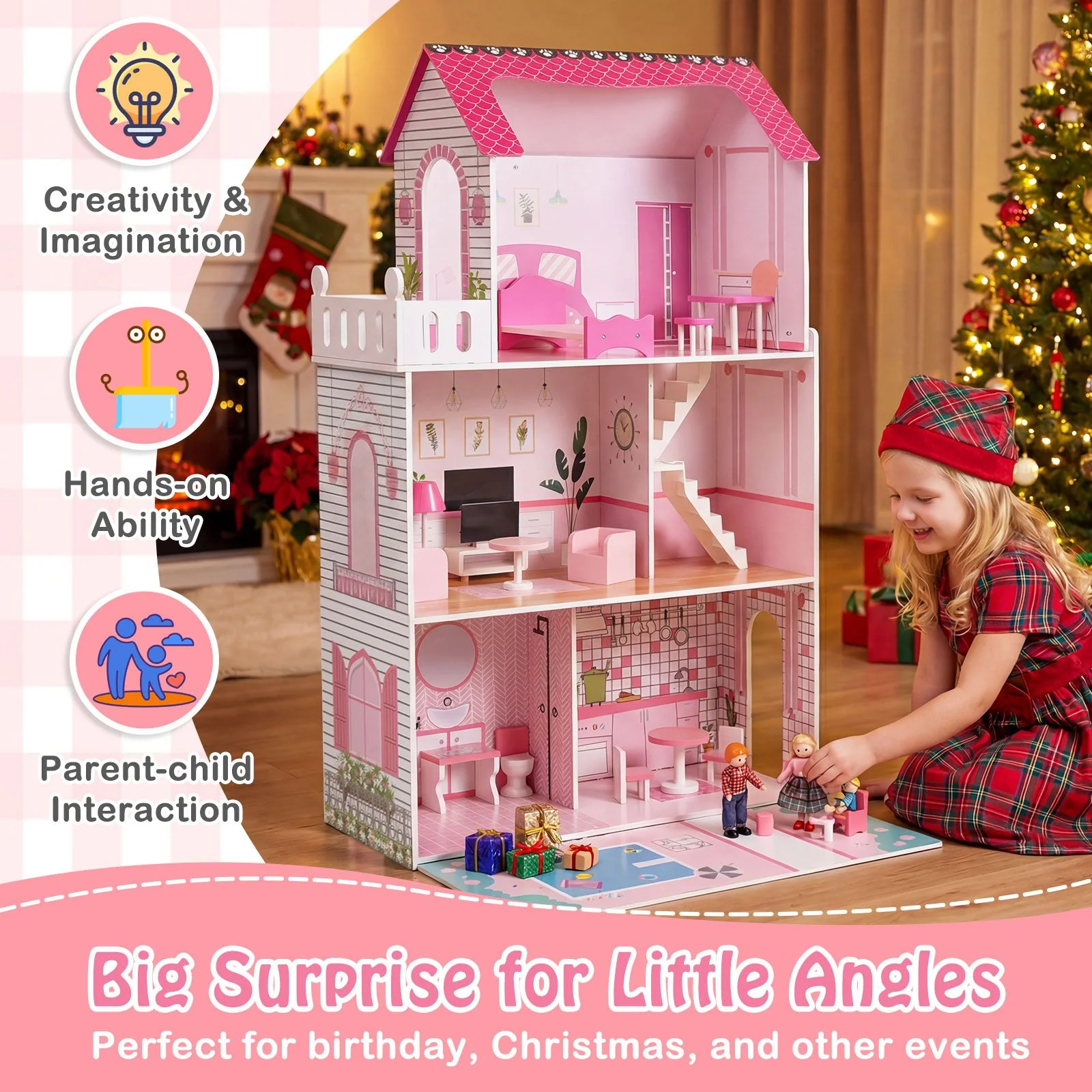 Wooden Dollhouse with 17-Piece Furniture and Staircase Accessories - Image 4