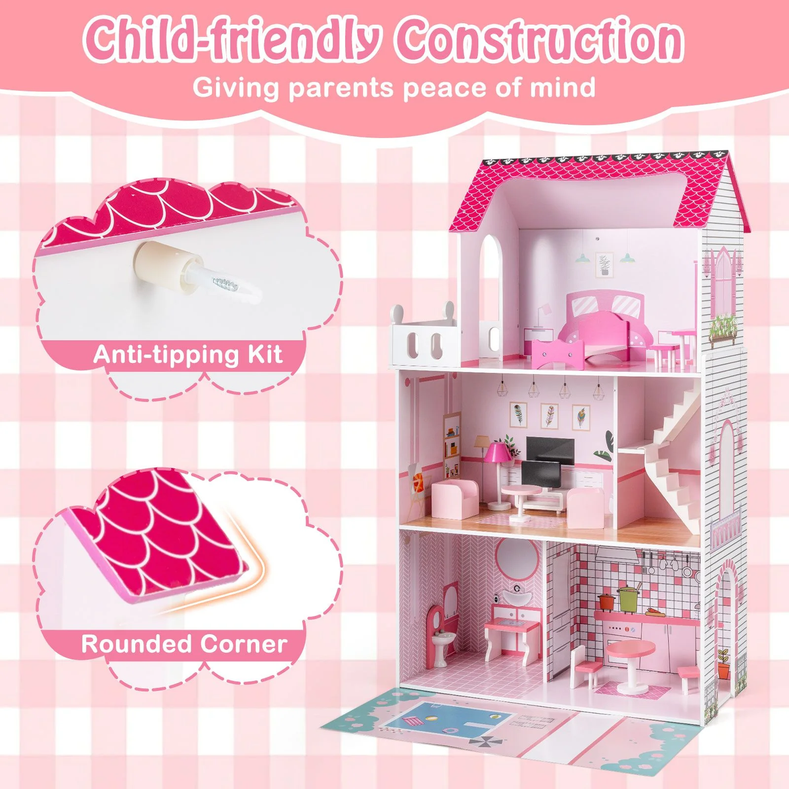Wooden Dollhouse with 17-Piece Furniture and Staircase Accessories - Image 5
