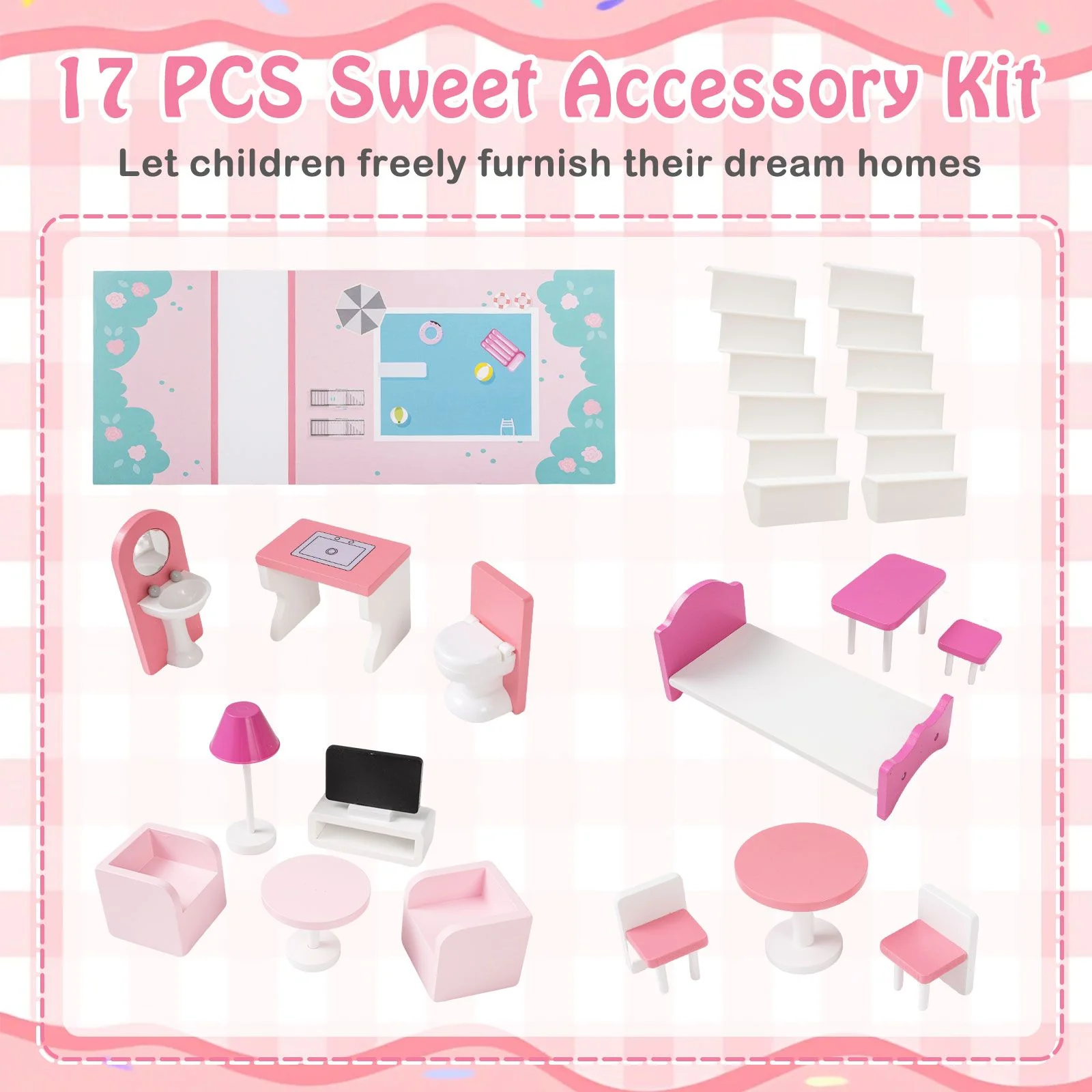 Wooden Dollhouse with 17-Piece Furniture and Staircase Accessories - Image 6