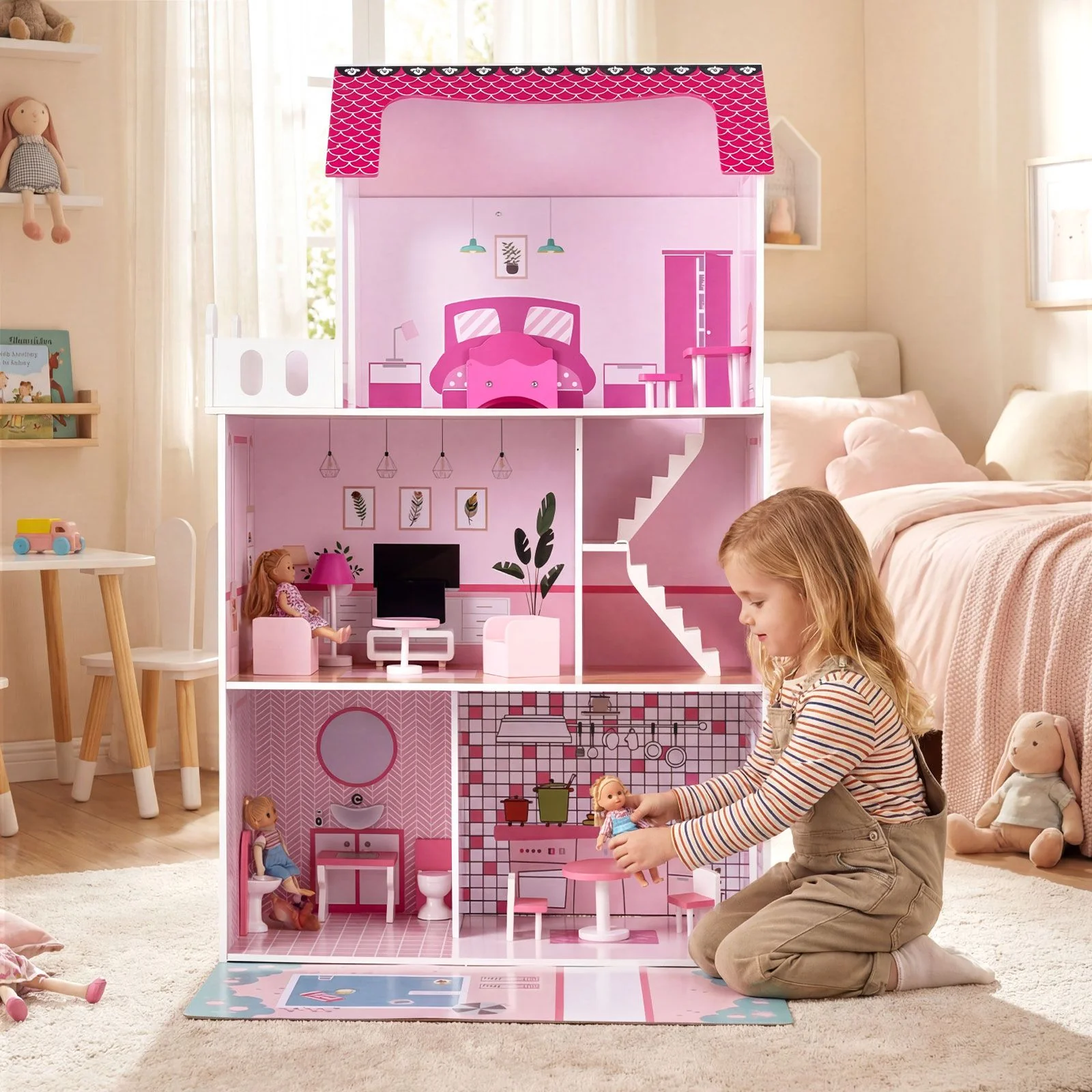 Wooden Dollhouse with 17-Piece Furniture and Staircase Accessories - Image 7