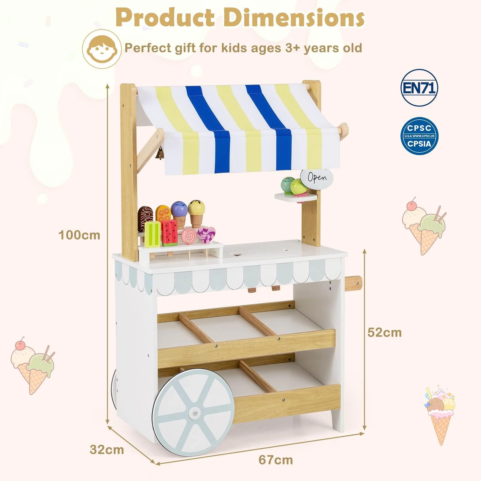 Wooden Ice Cream Cart for Kids, Pretend Play Set with Storage for 3+ Years Old - Image 3