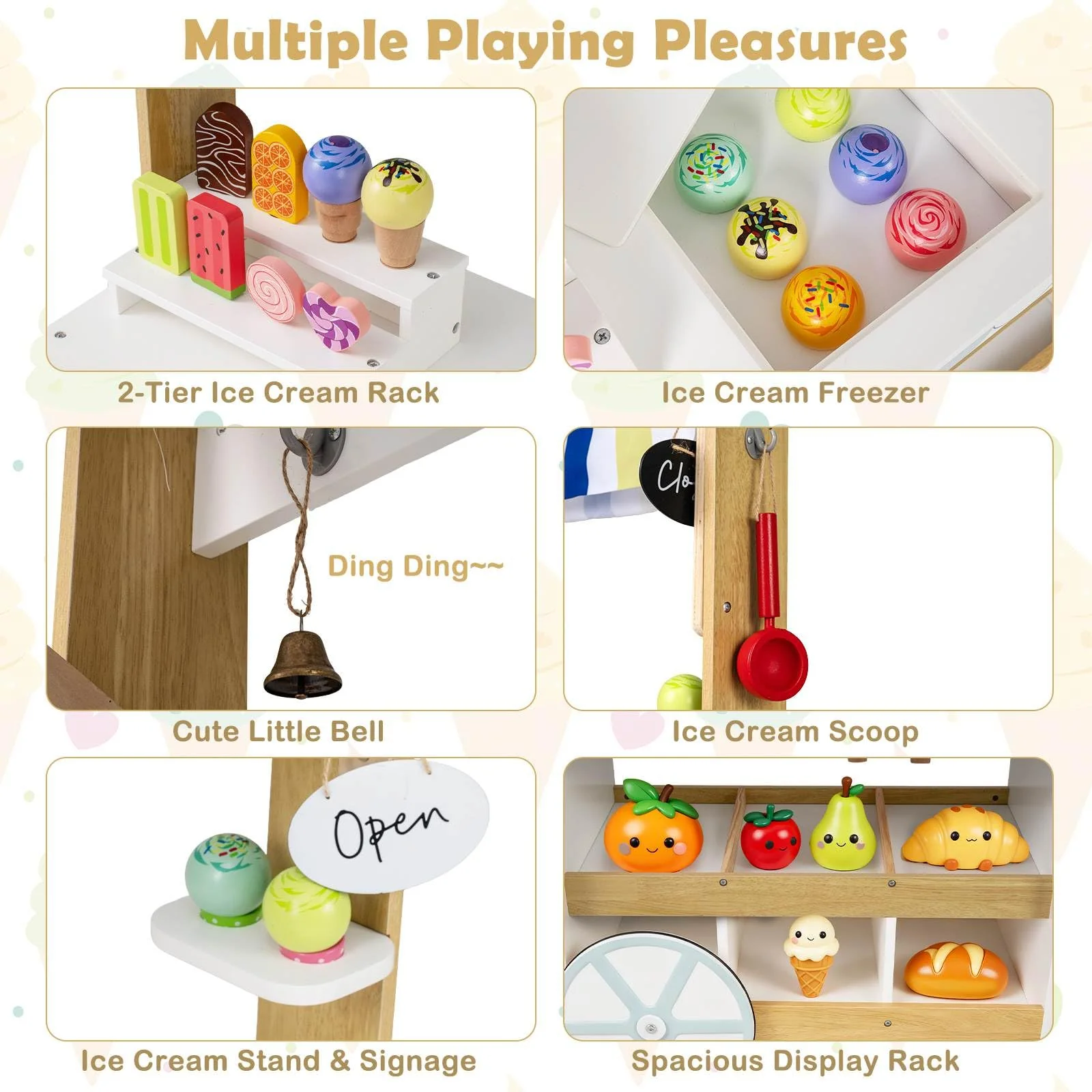 Wooden Ice Cream Cart for Kids, Pretend Play Set with Storage for 3+ Years Old - Image 4