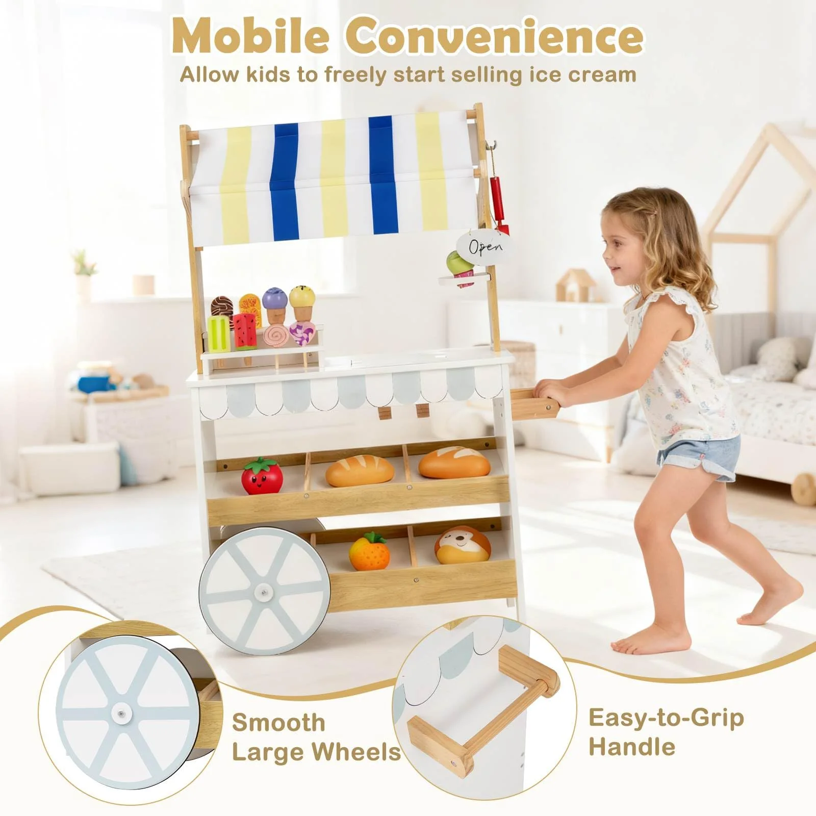 Wooden Ice Cream Cart for Kids, Pretend Play Set with Storage for 3+ Years Old - Image 5