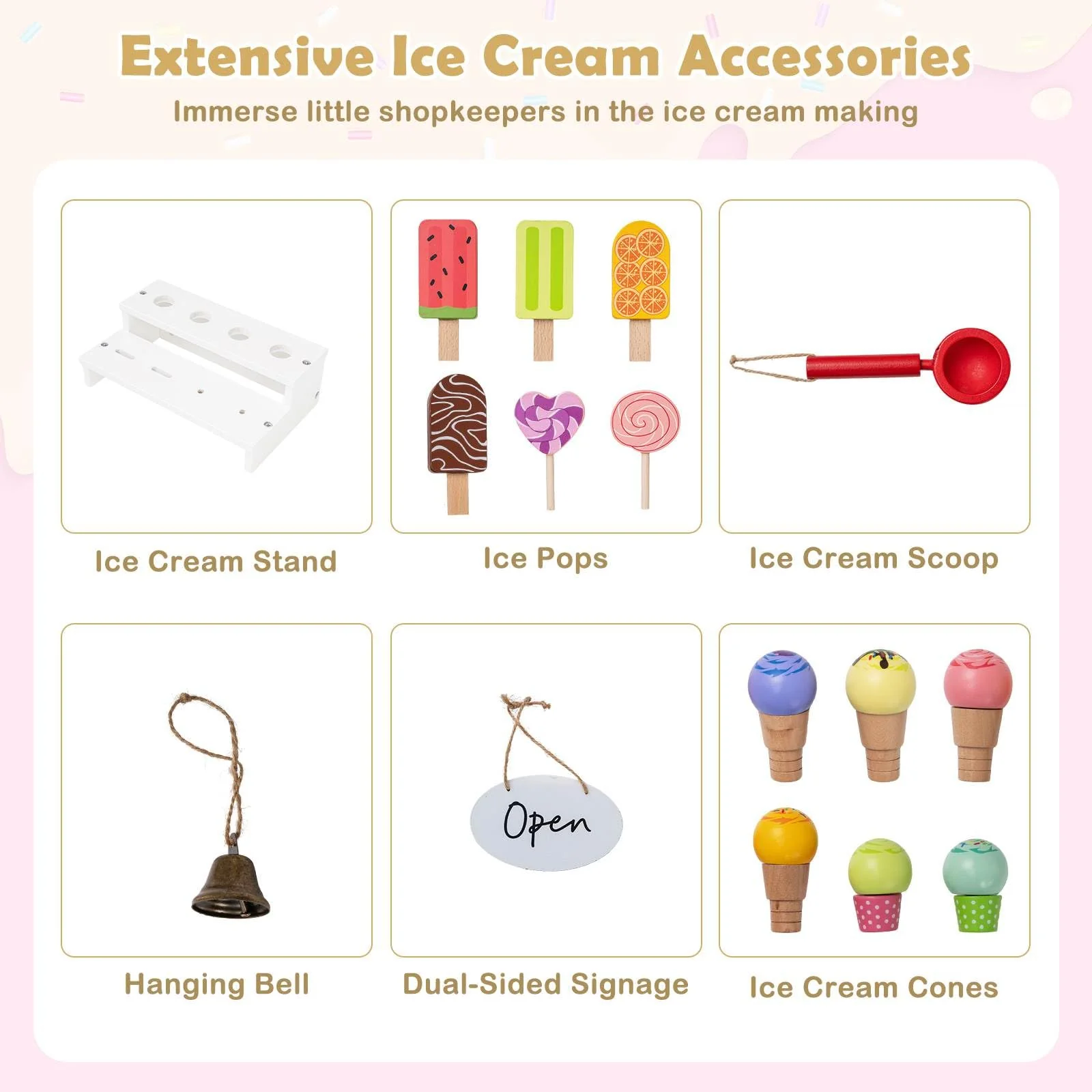 Wooden Ice Cream Cart for Kids, Pretend Play Set with Storage for 3+ Years Old - Image 6