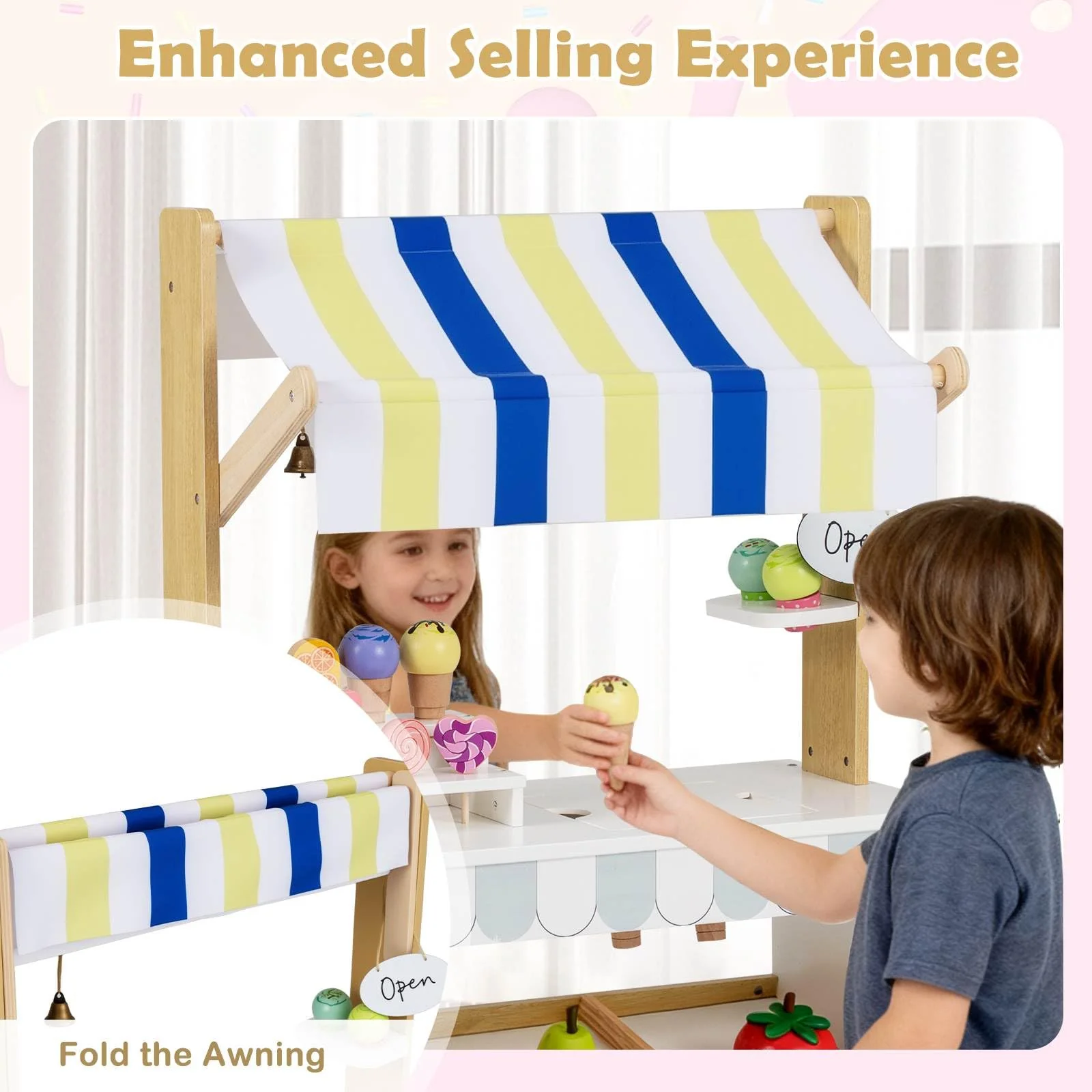 Wooden Ice Cream Cart for Kids, Pretend Play Set with Storage for 3+ Years Old - Image 7