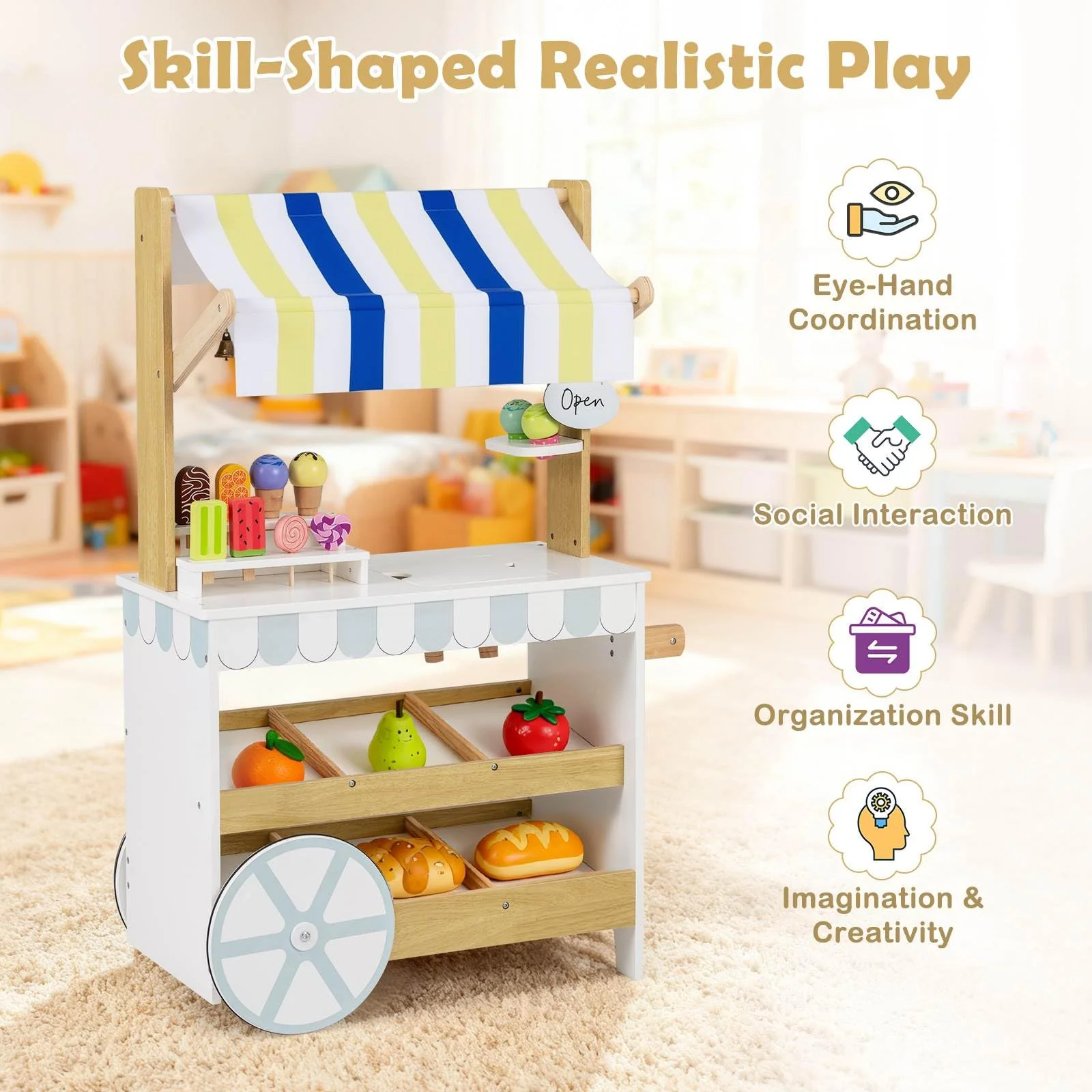 Wooden Ice Cream Cart for Kids, Pretend Play Set with Storage for 3+ Years Old - Image 8