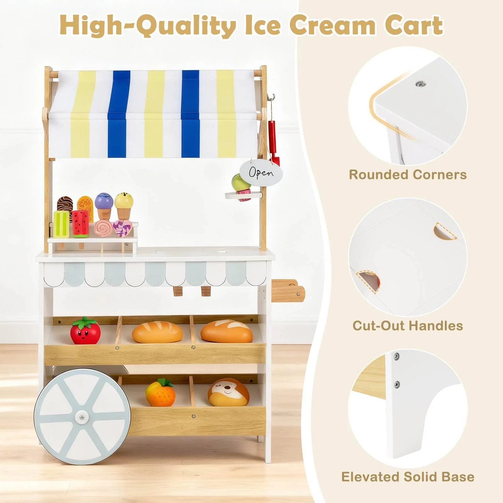 Wooden Ice Cream Cart for Kids, Pretend Play Set with Storage for 3+ Years Old - Image 9