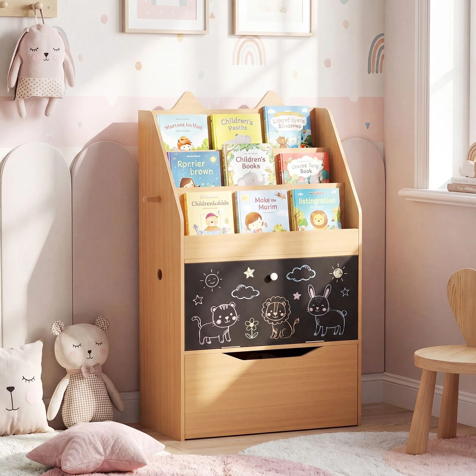 Wooden Kids Bookshelf and Toy Storage Toddler Book Rack with Movable Storage Drawer - Image 3