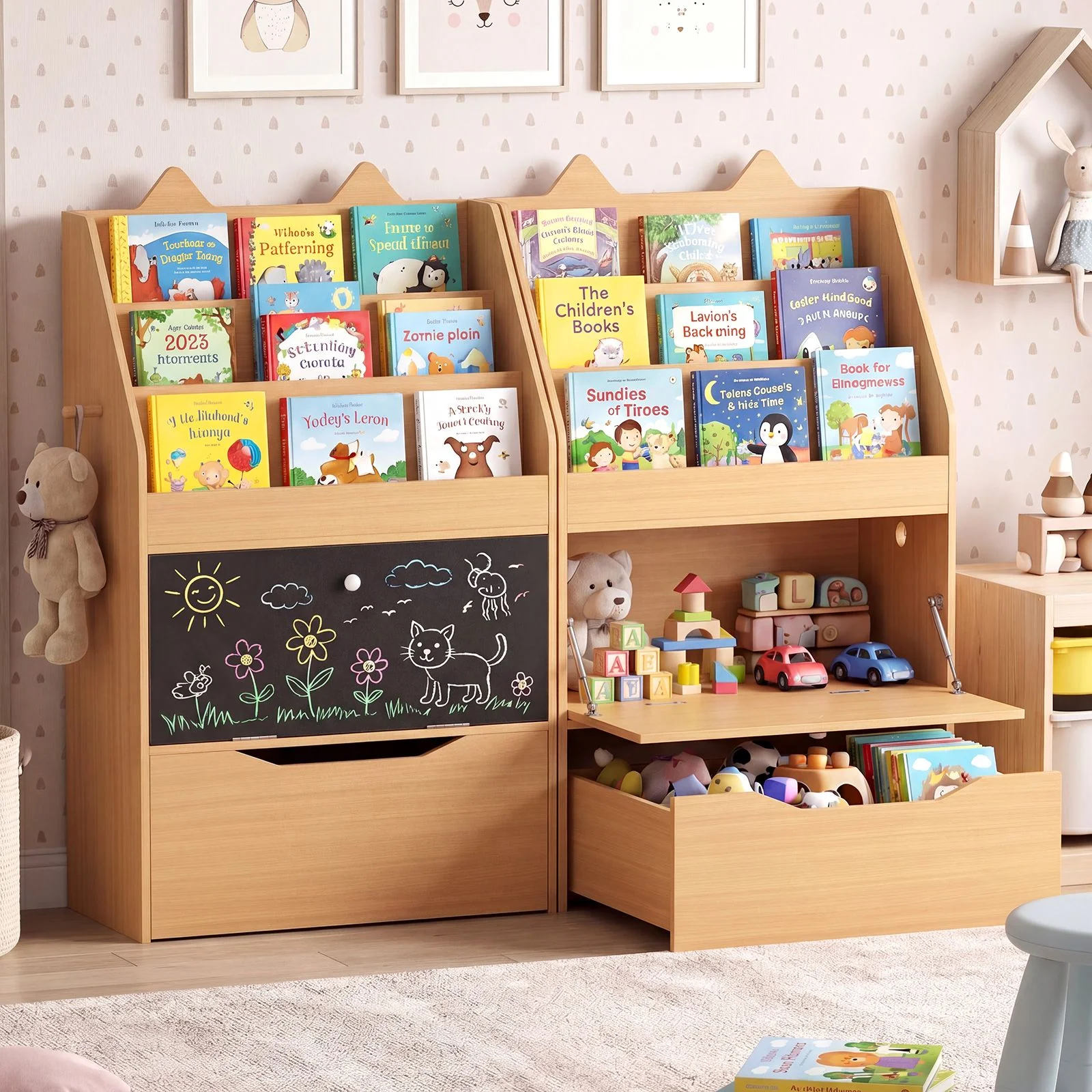 Wooden Kids Bookshelf and Toy Storage Toddler Book Rack with Movable Storage Drawer - Image 4