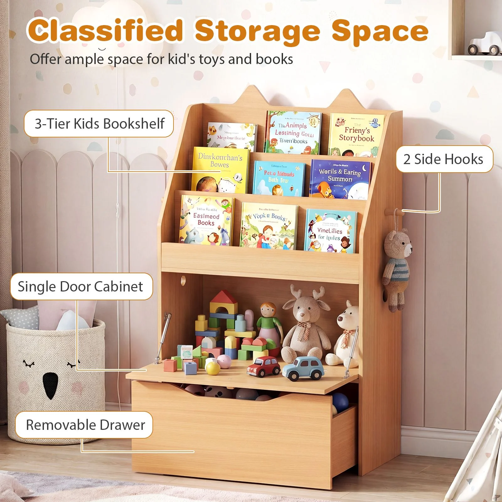 Wooden Kids Bookshelf and Toy Storage Toddler Book Rack with Movable Storage Drawer - Image 5