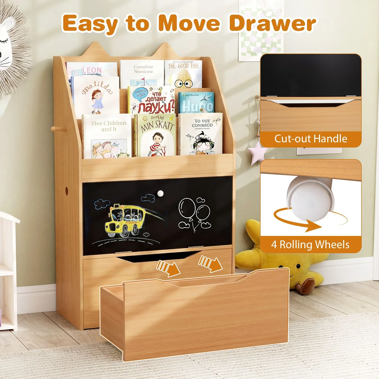 Wooden Kids Bookshelf and Toy Storage Toddler Book Rack with Movable Storage Drawer - Image 6