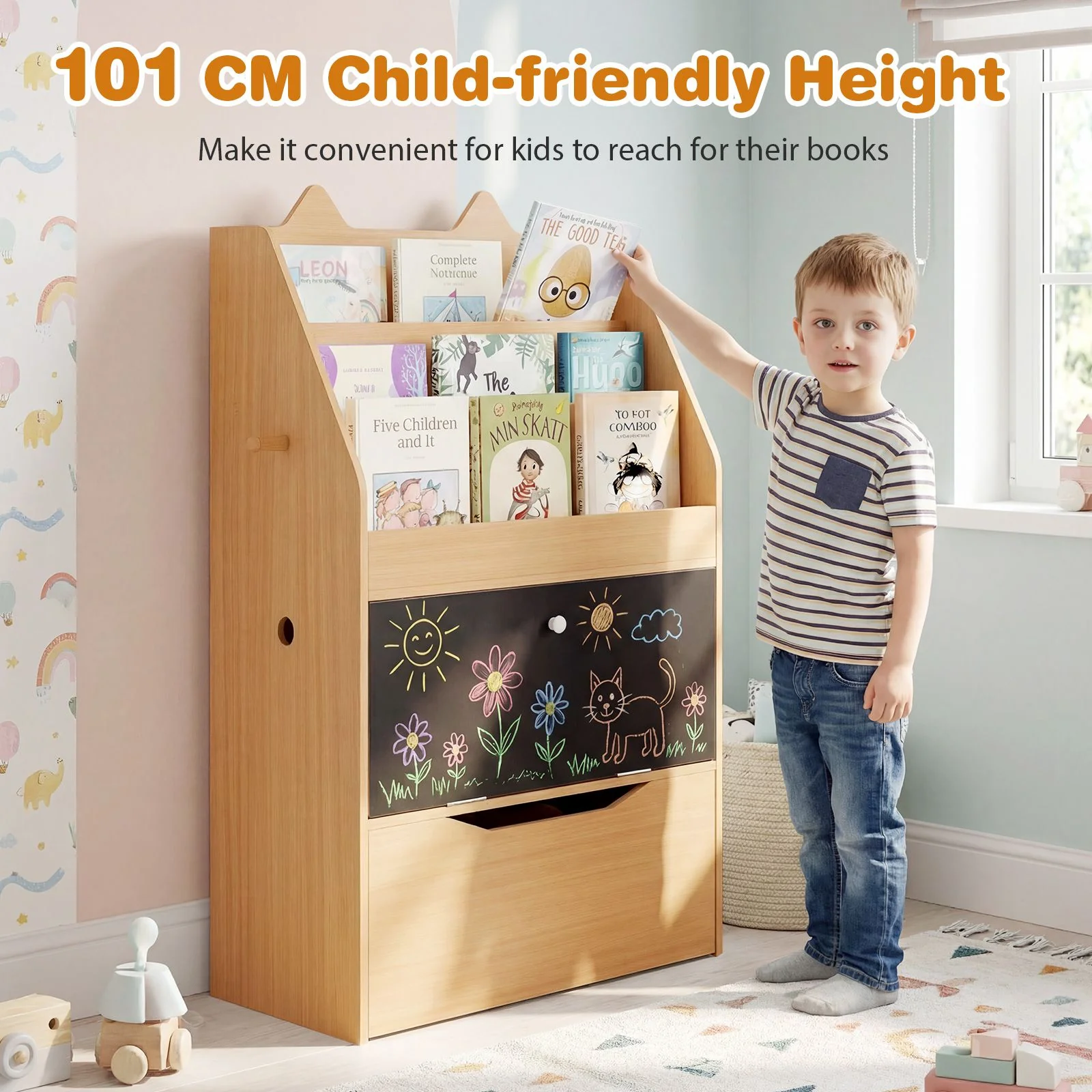 Wooden Kids Bookshelf and Toy Storage Toddler Book Rack with Movable Storage Drawer - Image 7