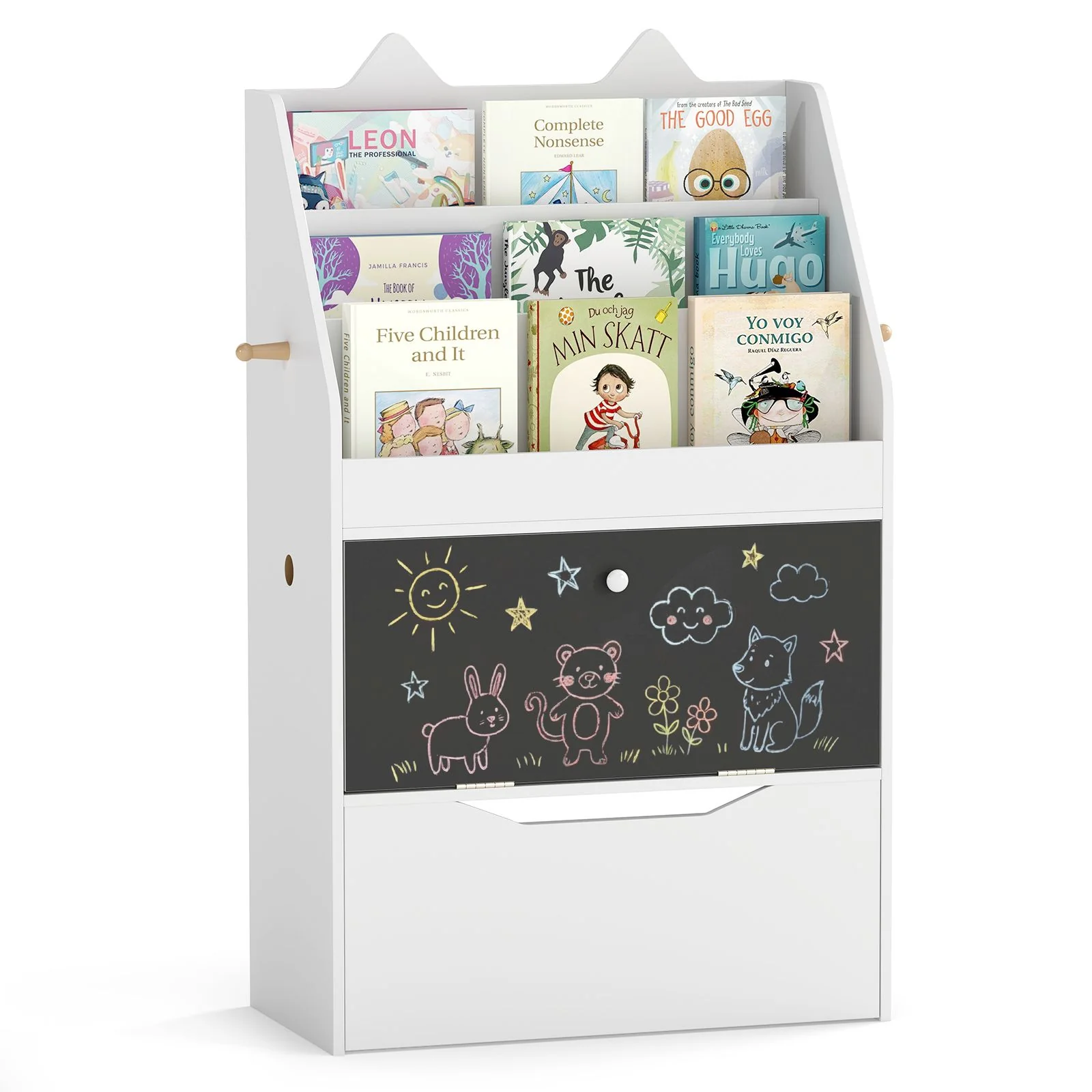Wooden Kids Bookshelf and Toy Storage Toddler Book Rack with Movable Storage Drawer - Image 9