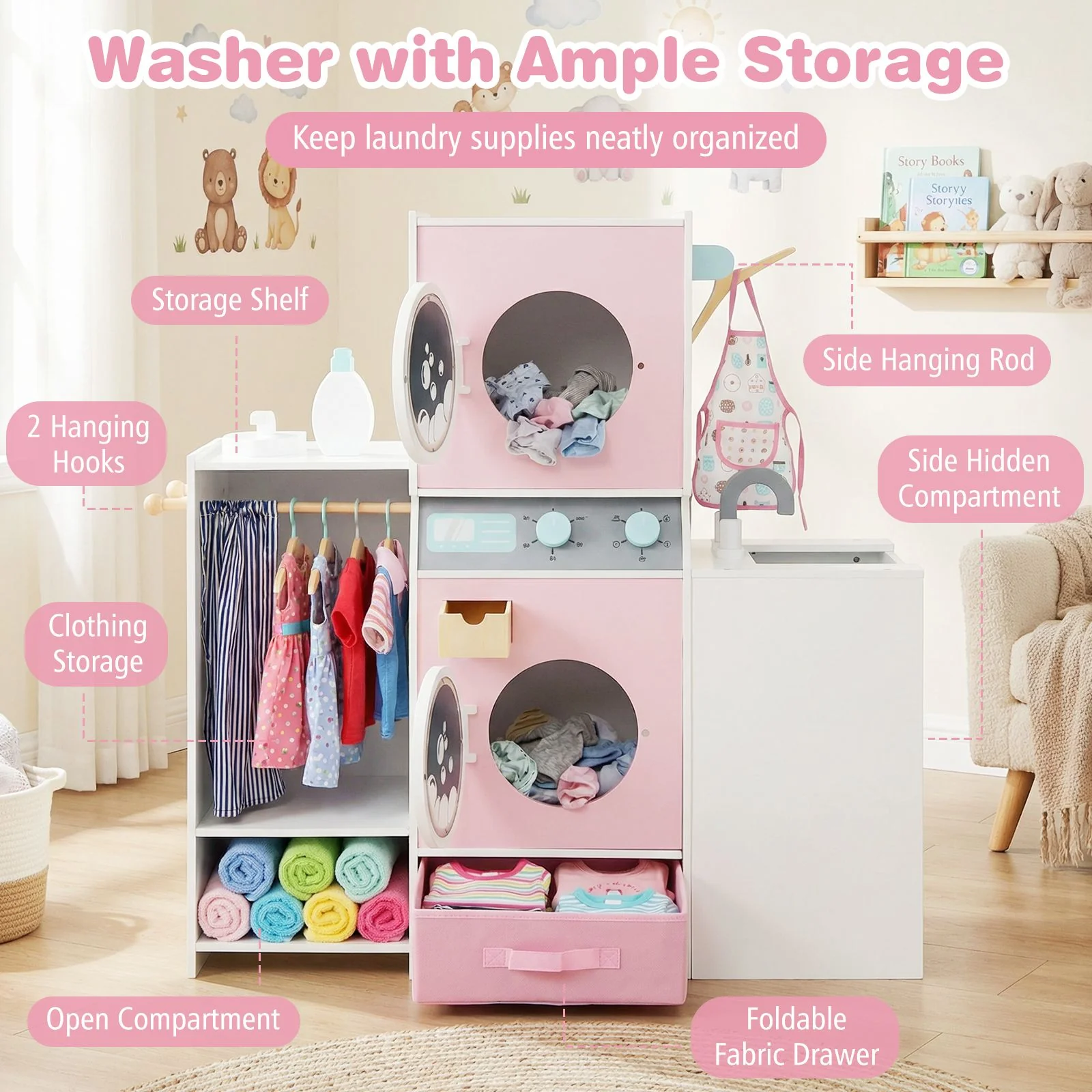 Wooden Kids Laundry Playset with Laundry Detergent Bottle - Image 7