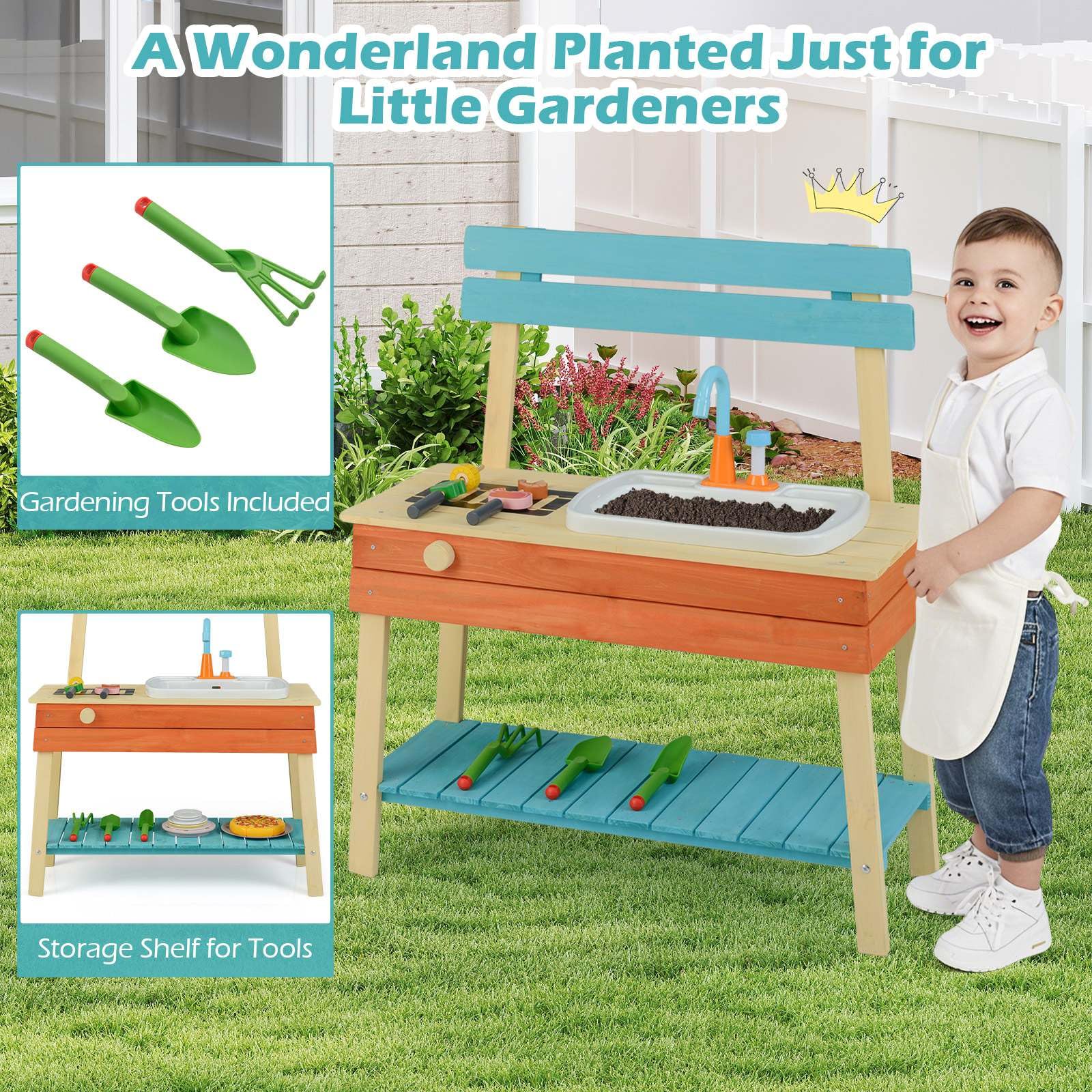 Wooden Kids Play Kitchen Set with Removable Sink and Grill Rack Mud Kitchen - Image 7