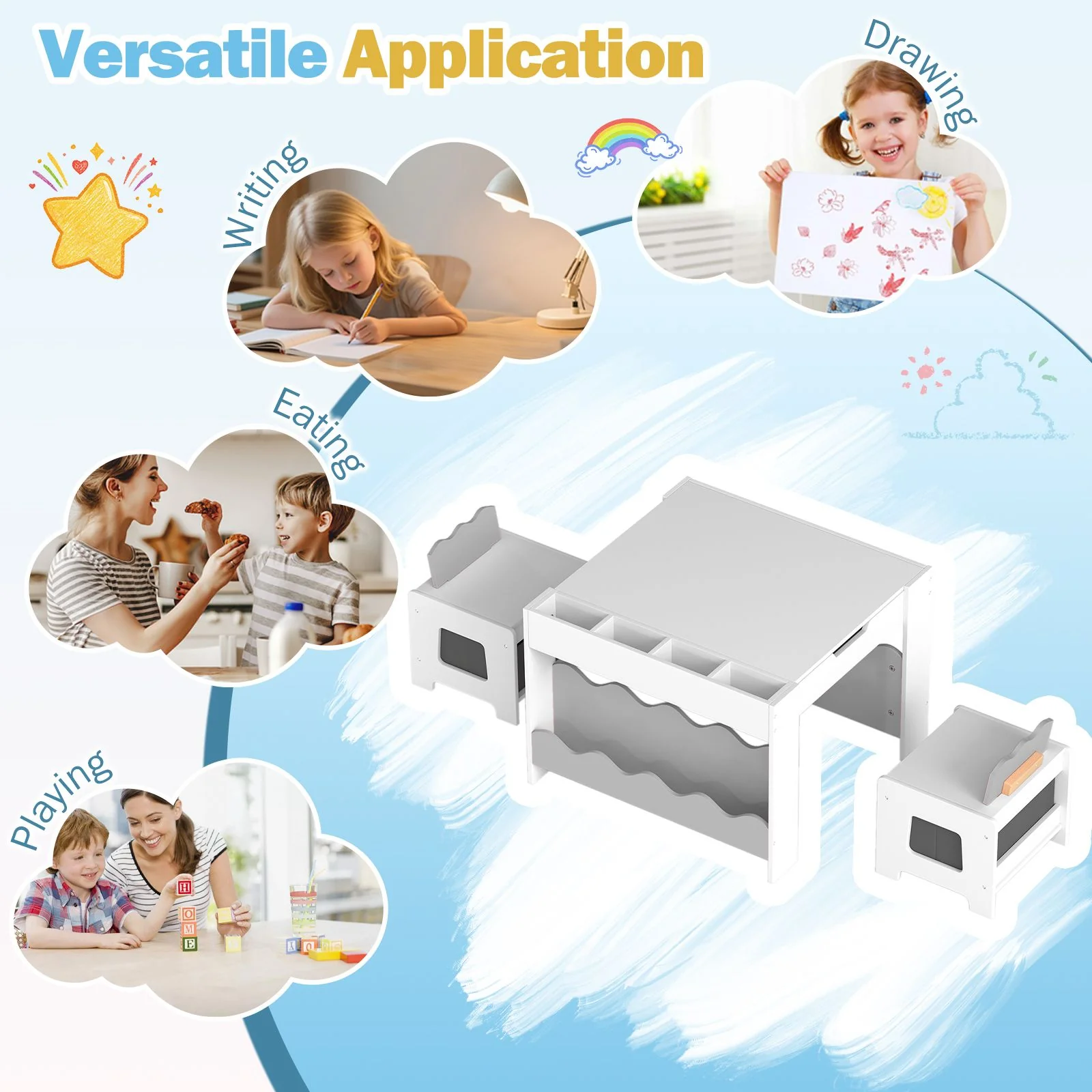 Wooden Kids Table and Chairs Set Multi-purpose Activity Table Set with Tabletop - Image 4