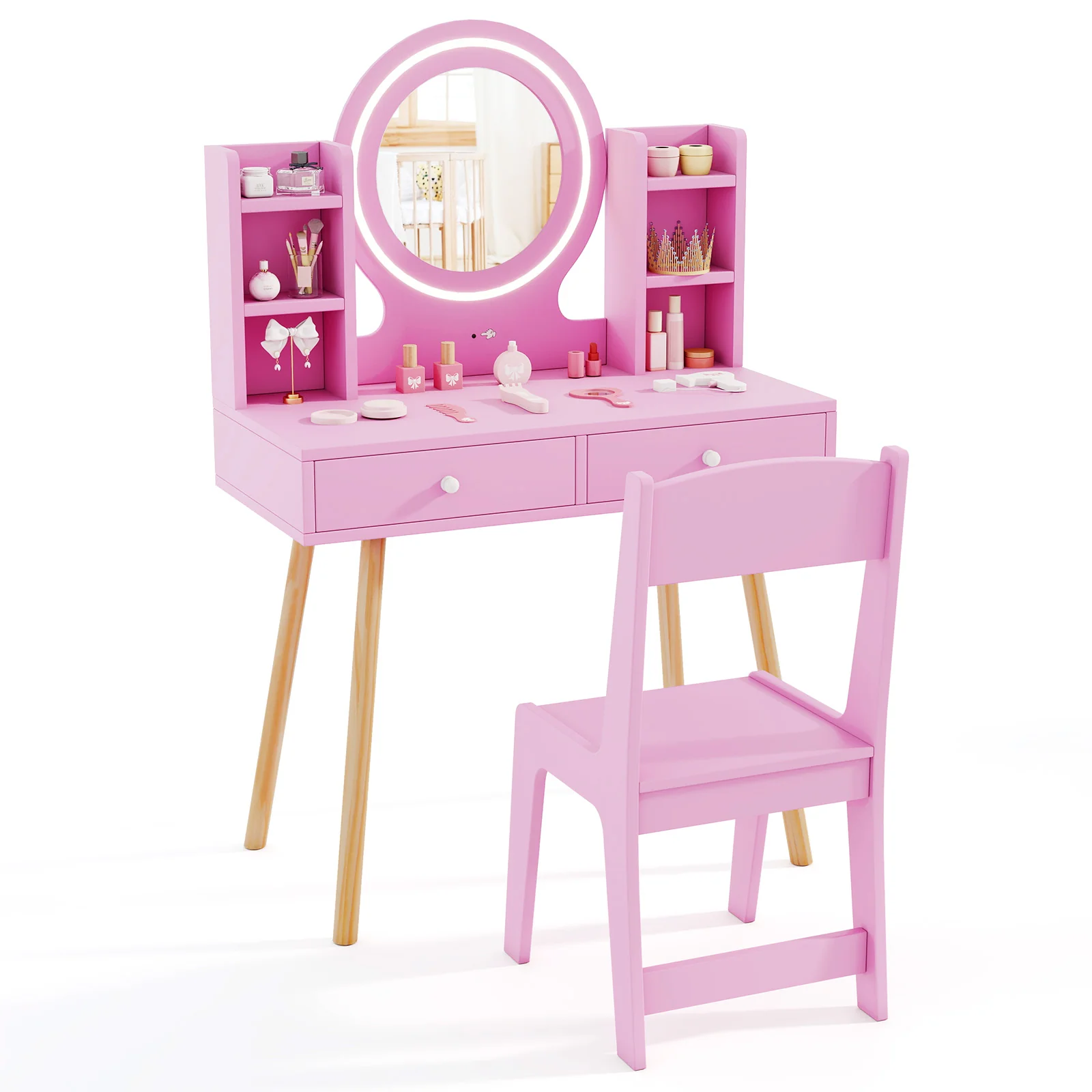 Wooden Kids Vanity Set Makeup Dressing Table w/ 2-Color LED Lighted Mirror Stool - Image 10