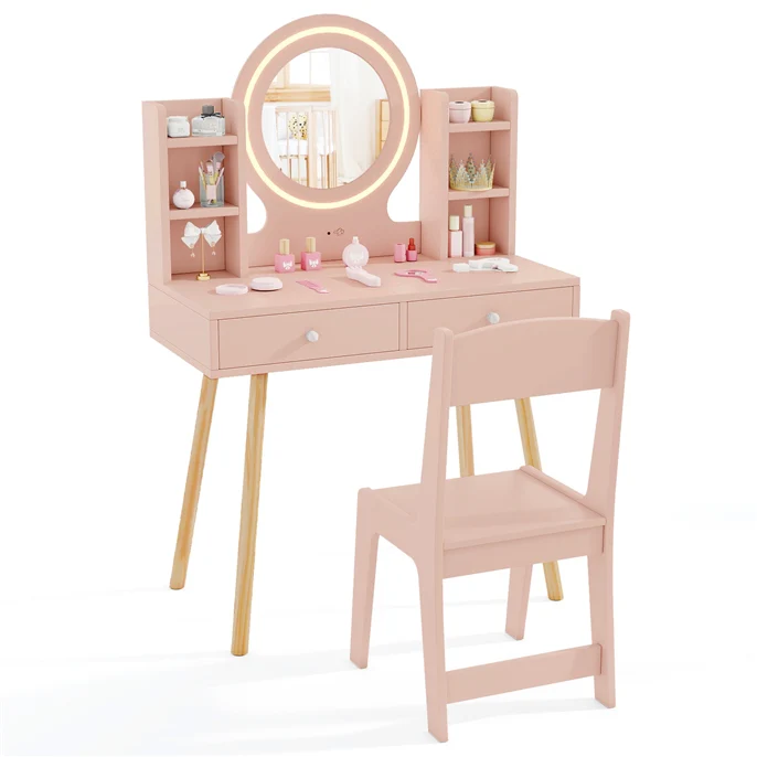 Wooden Kids Vanity Set Makeup Dressing Table w/ 2-Color LED Lighted Mirror Stool - Image 11