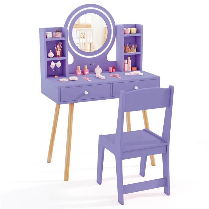 Wooden Kids Vanity Set Makeup Dressing Table w/ 2-Color LED Lighted Mirror Stool - Image 12