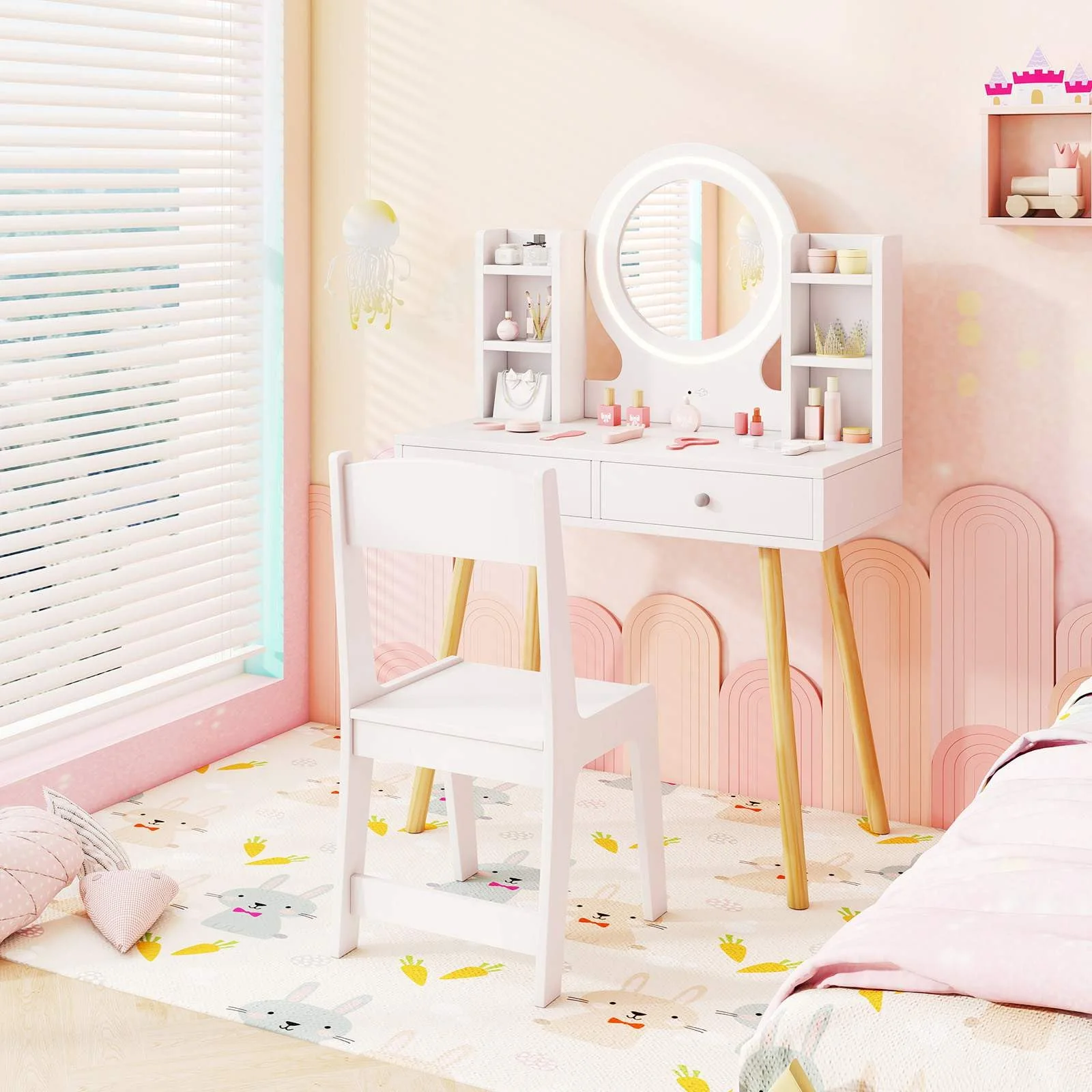 Wooden Kids Vanity Set Makeup Dressing Table w/ 2-Color LED Lighted Mirror Stool - Image 2