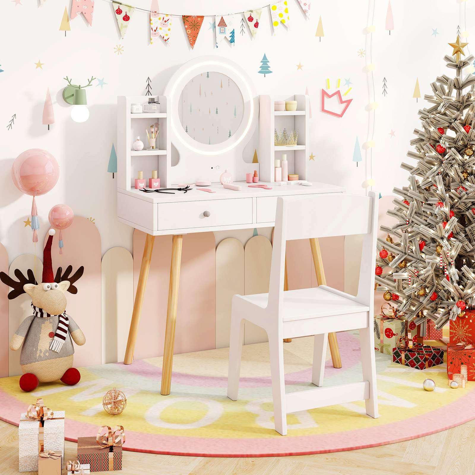 Wooden Kids Vanity Set Makeup Dressing Table w/ 2-Color LED Lighted Mirror Stool - Image 3
