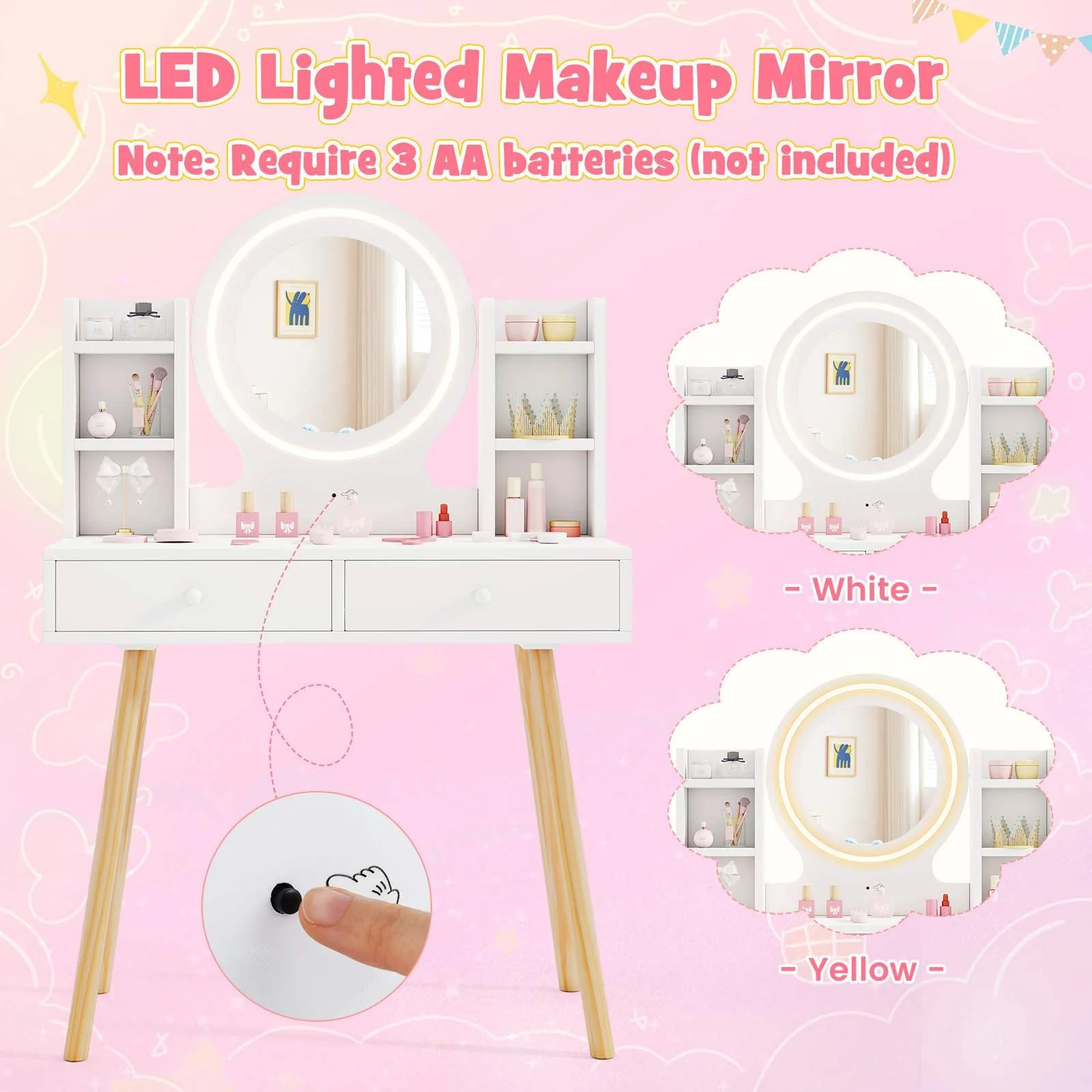 Wooden Kids Vanity Set Makeup Dressing Table w/ 2-Color LED Lighted Mirror Stool - Image 4