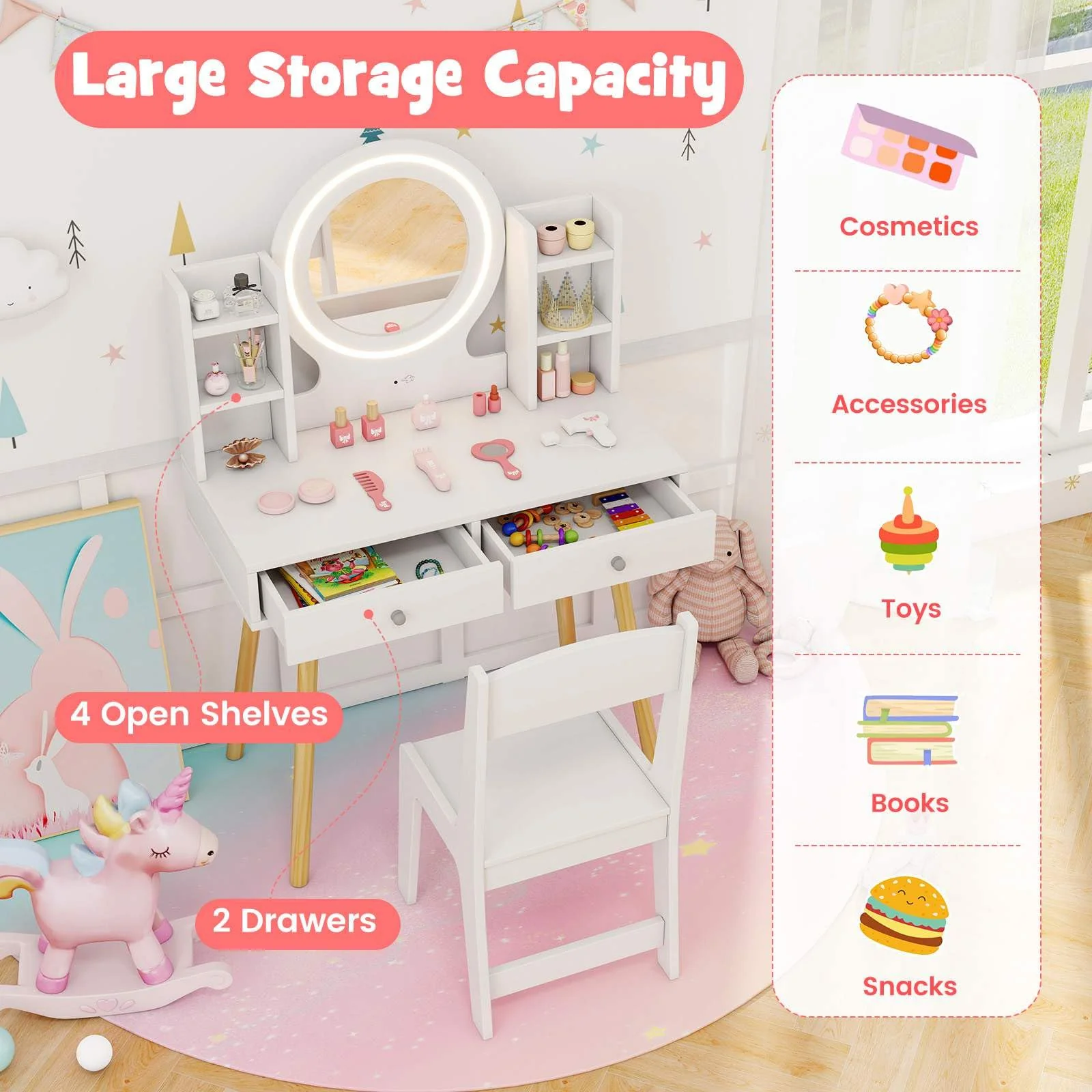 Wooden Kids Vanity Set Makeup Dressing Table w/ 2-Color LED Lighted Mirror Stool - Image 5