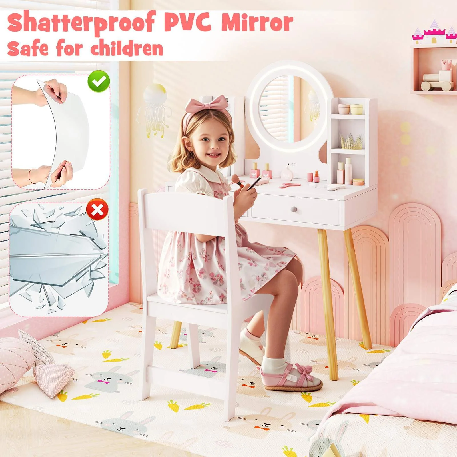 Wooden Kids Vanity Set Makeup Dressing Table w/ 2-Color LED Lighted Mirror Stool - Image 6