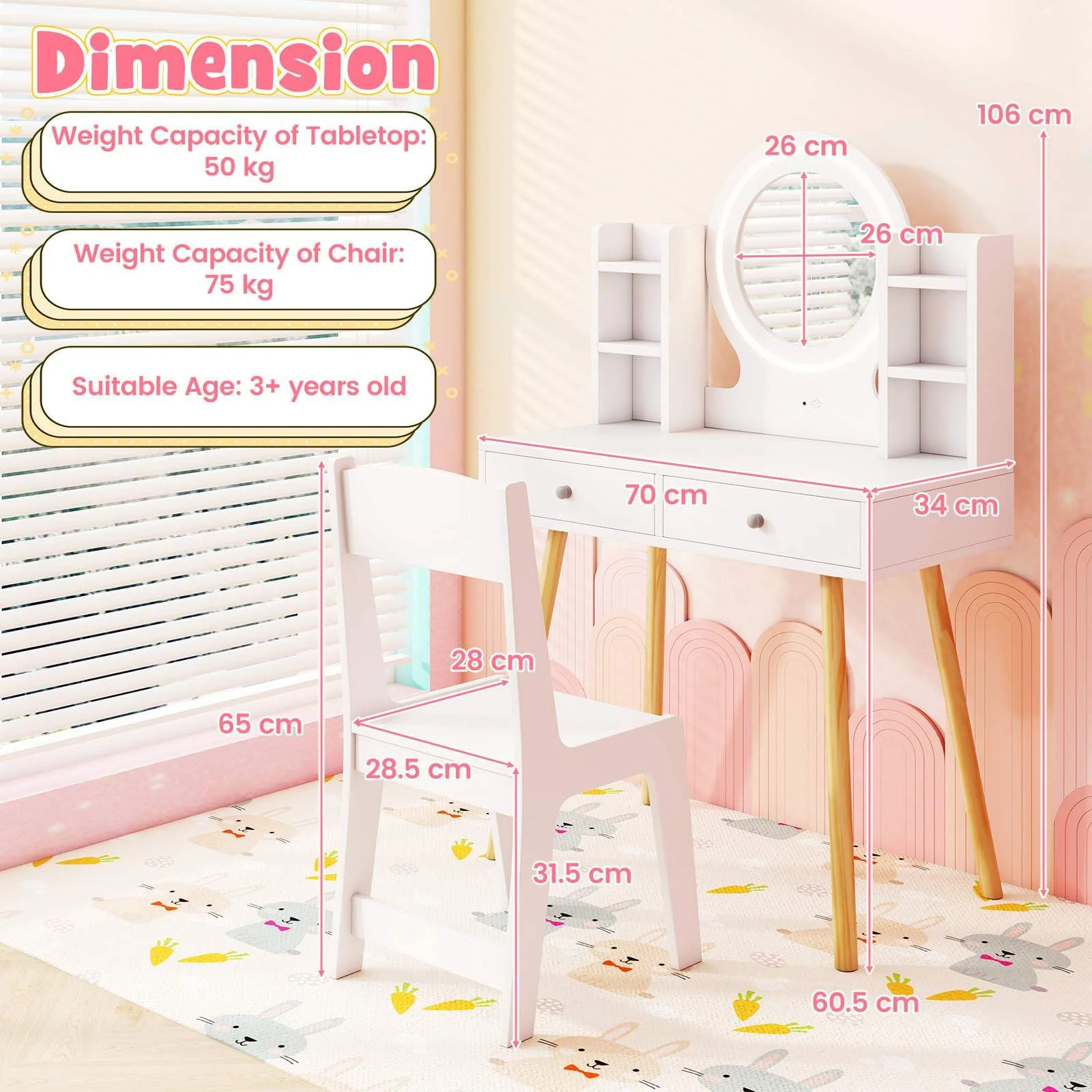 Wooden Kids Vanity Set Makeup Dressing Table w/ 2-Color LED Lighted Mirror Stool - Image 7