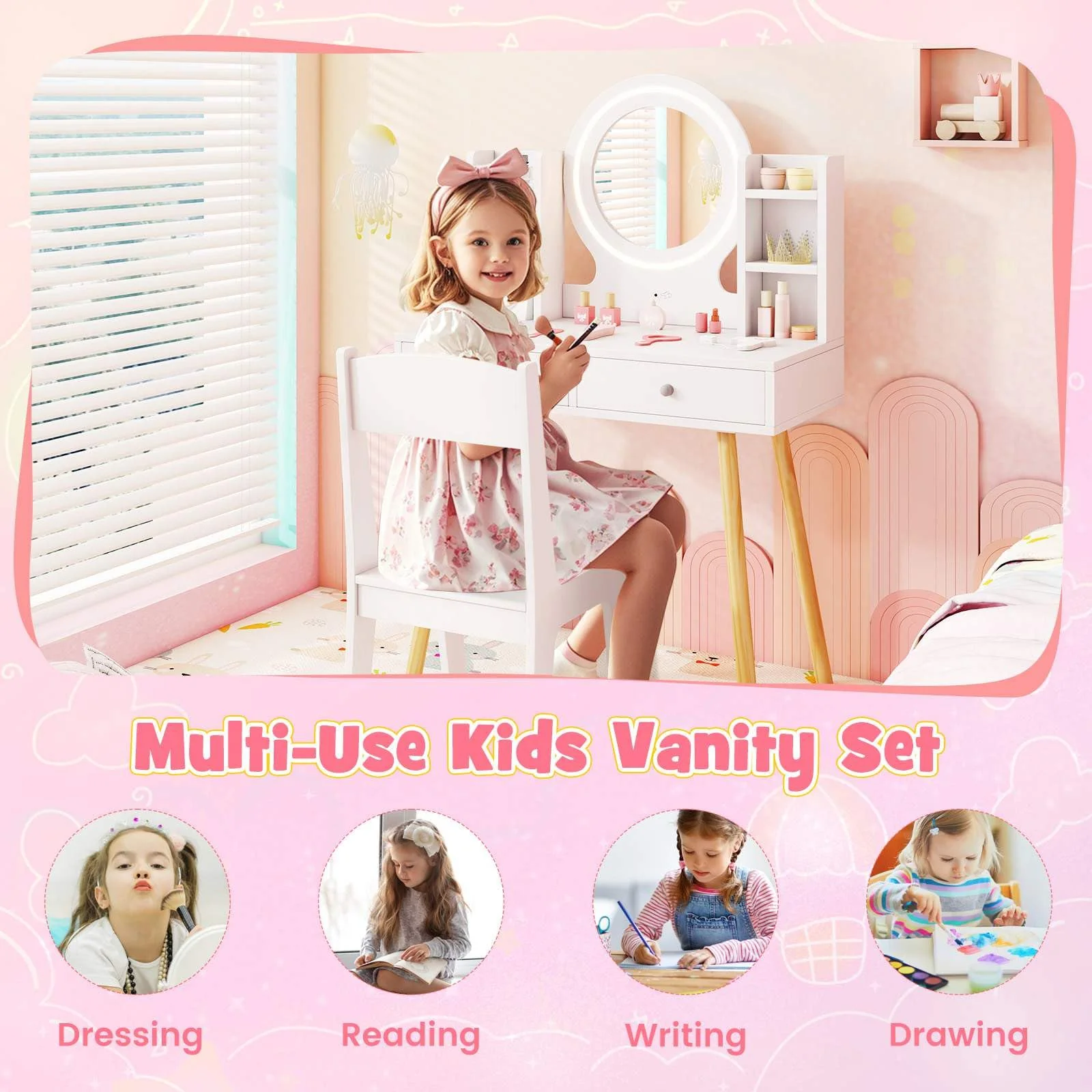 Wooden Kids Vanity Set Makeup Dressing Table w/ 2-Color LED Lighted Mirror Stool - Image 8