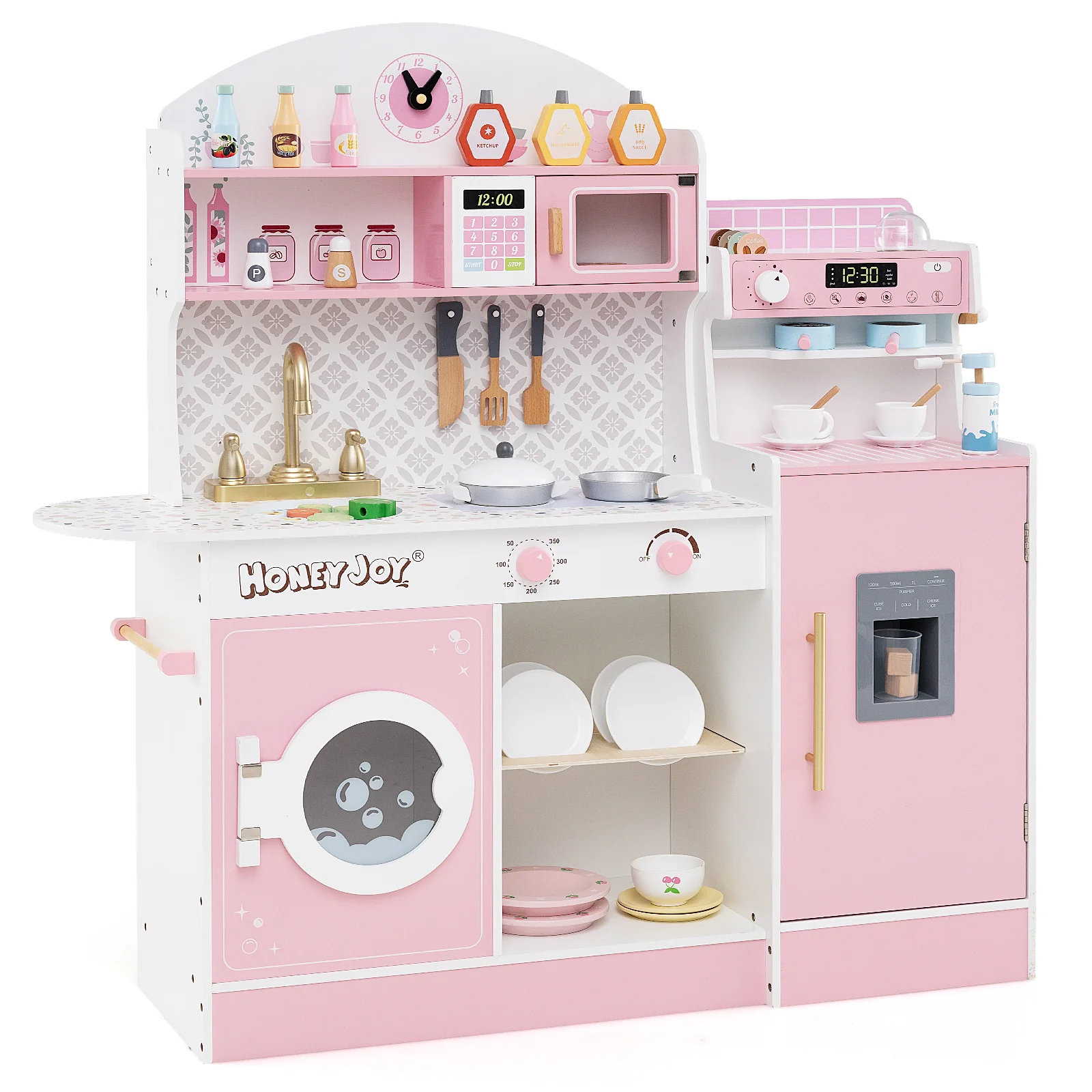 Wooden Kitchen Playset with Clock, Microwave, Sink, Dish Rack, Washing Machine, Ice & Coffee Makers - Image 10