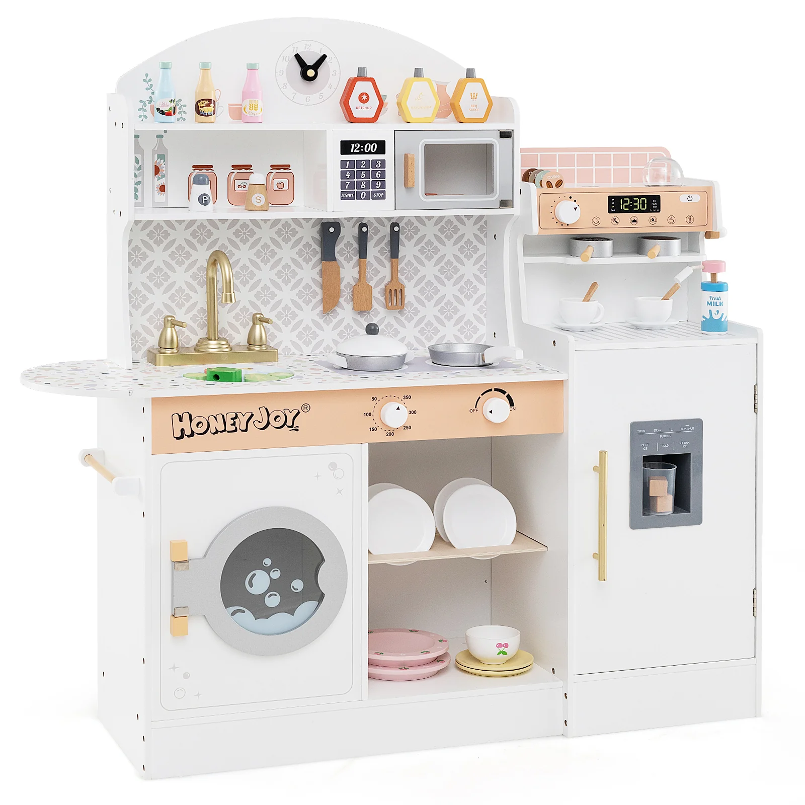 Wooden Kitchen Playset with Clock, Microwave, Sink, Dish Rack, Washing Machine, Ice & Coffee Makers - Image 11