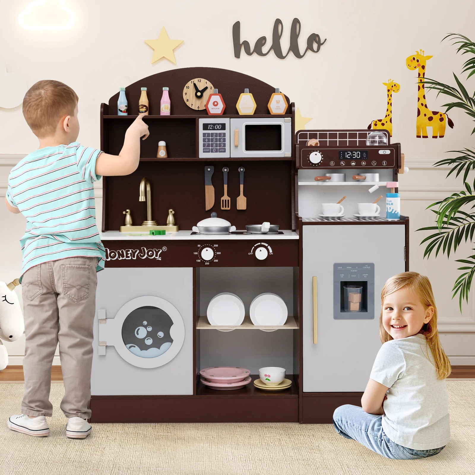 Wooden Kitchen Playset with Clock, Microwave, Sink, Dish Rack, Washing Machine, Ice & Coffee Makers - Image 2