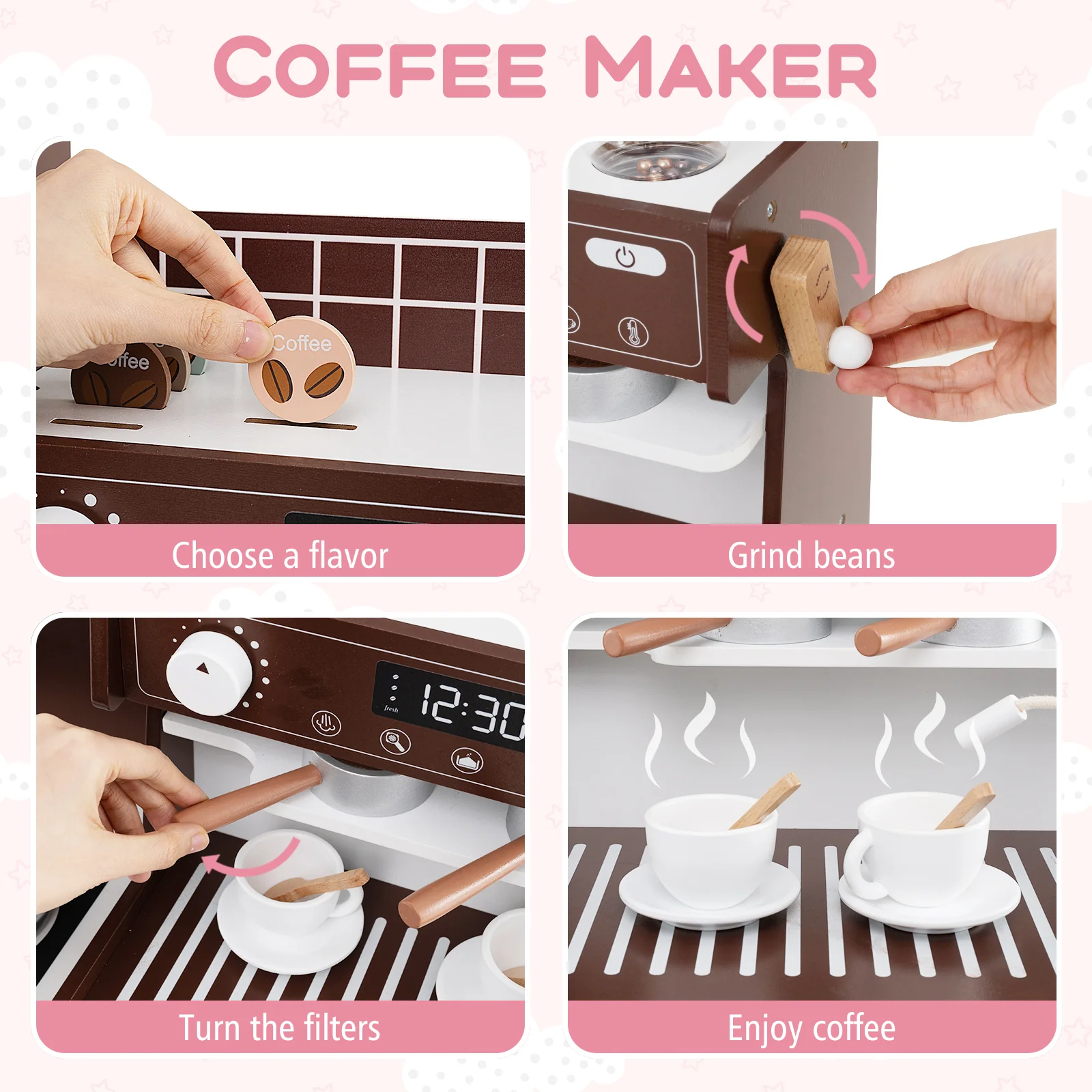 Wooden Kitchen Playset with Clock, Microwave, Sink, Dish Rack, Washing Machine, Ice & Coffee Makers - Image 3