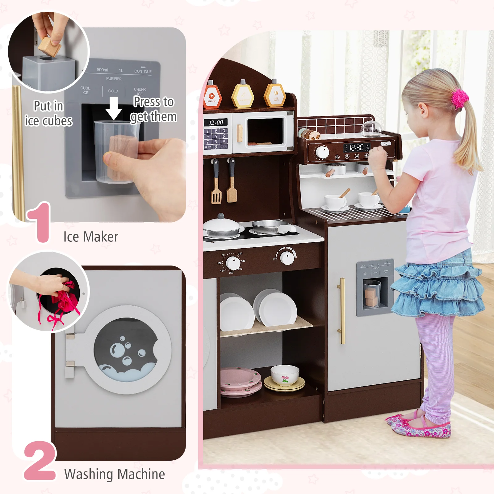 Wooden Kitchen Playset with Clock, Microwave, Sink, Dish Rack, Washing Machine, Ice & Coffee Makers - Image 4