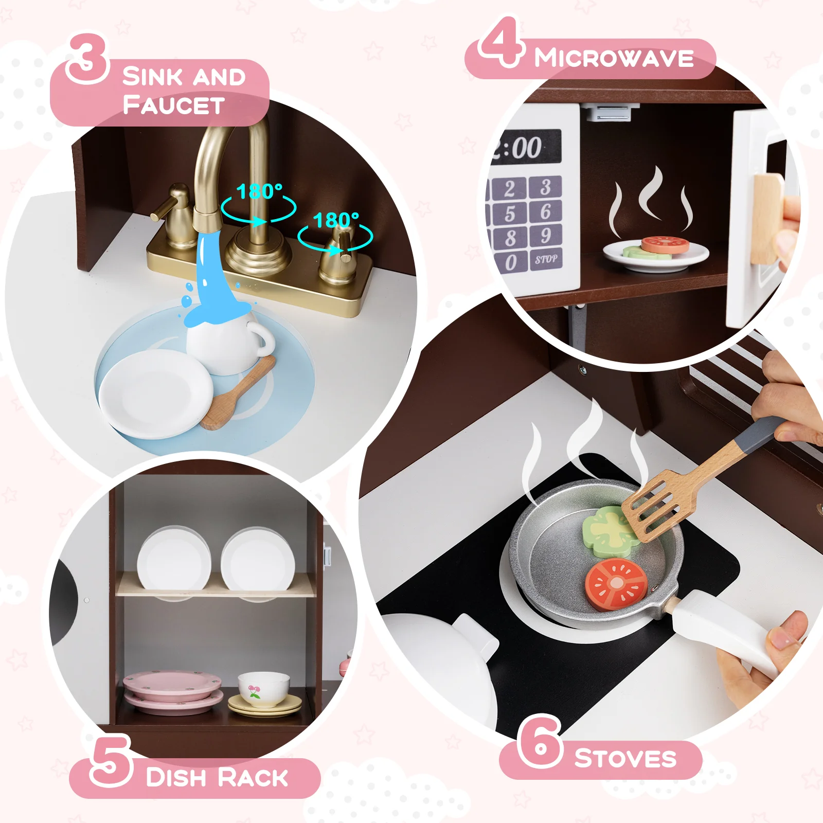 Wooden Kitchen Playset with Clock, Microwave, Sink, Dish Rack, Washing Machine, Ice & Coffee Makers - Image 5