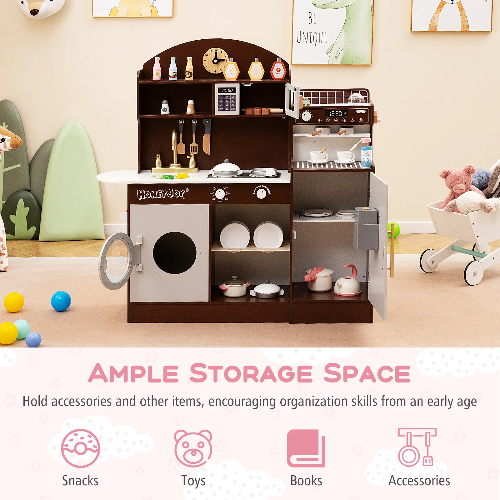 Wooden Kitchen Playset with Clock, Microwave, Sink, Dish Rack, Washing Machine, Ice & Coffee Makers - Image 7
