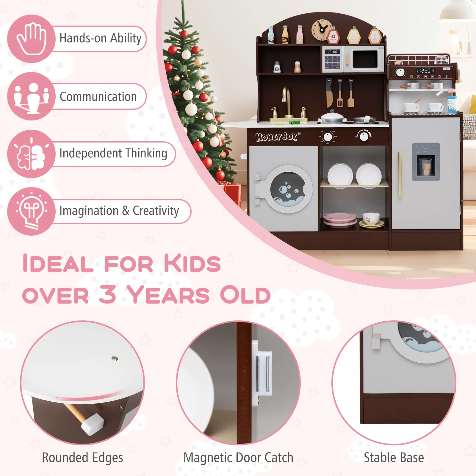 Wooden Kitchen Playset with Clock, Microwave, Sink, Dish Rack, Washing Machine, Ice & Coffee Makers - Image 8