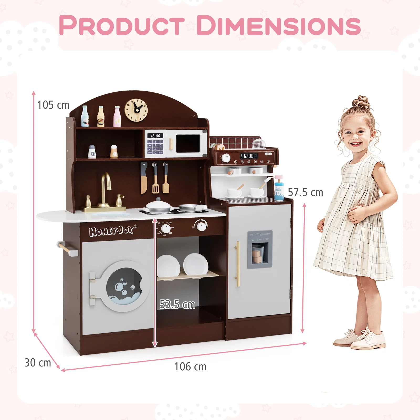 Wooden Kitchen Playset with Clock, Microwave, Sink, Dish Rack, Washing Machine, Ice & Coffee Makers - Image 9