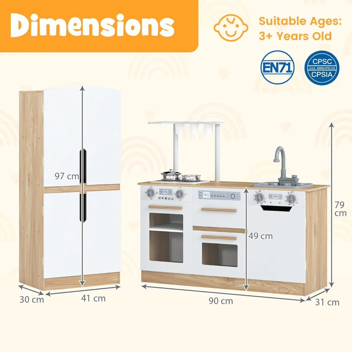 Wooden Modular Play Kitchen with Fridge and Dishwasher for Ages 3+ - Image 3