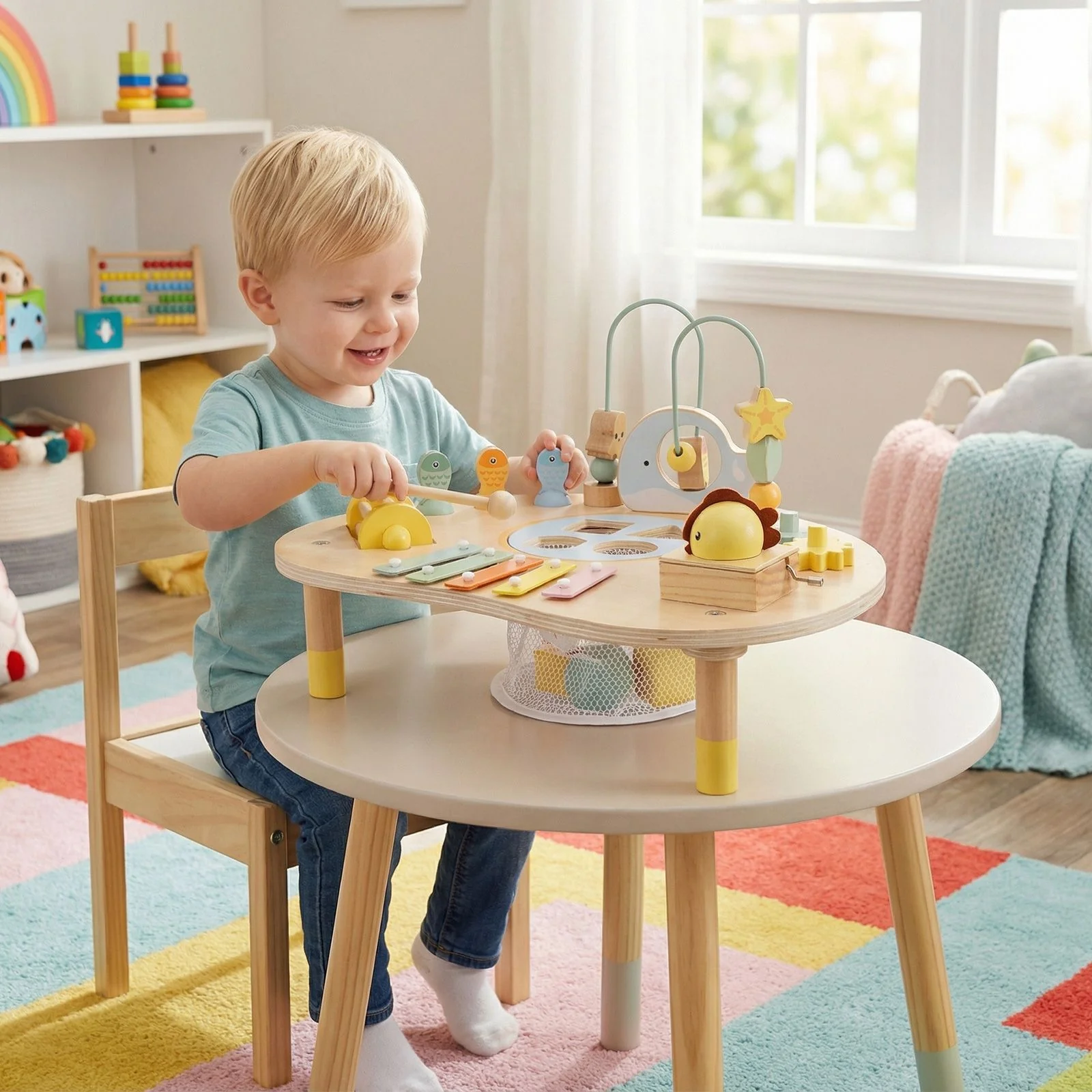 Wooden Musical Play Table with Bead Maze and Music Box for Boys and Girls - Image 8