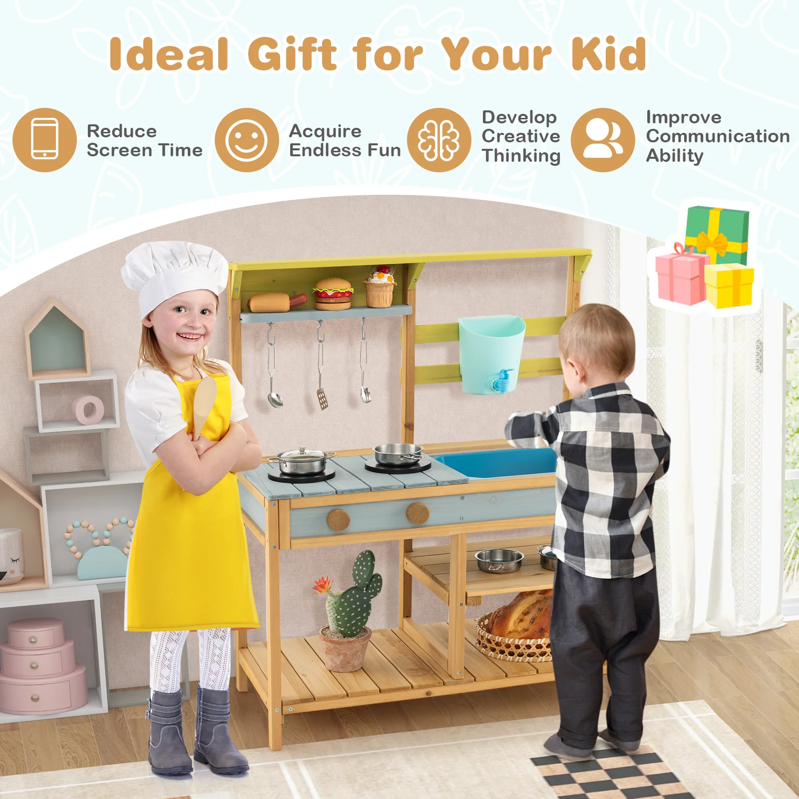 Wooden Play Kitchen Set, Fun Backyard Play Kitchen Toy for Toddlers - Image 7