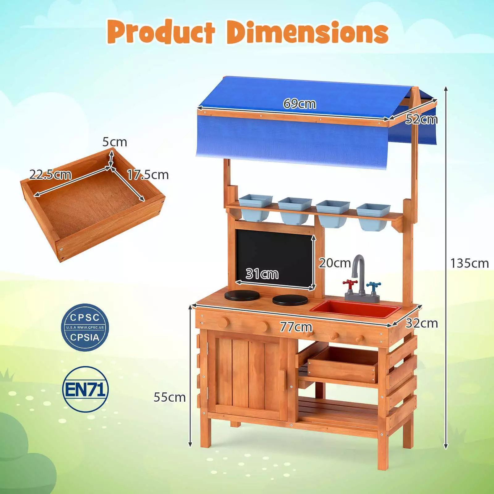 Wooden Pretend Play Kitchen Kids Outdoor Mud Kitchen Playset w/Adjustable Canopy - Image 3